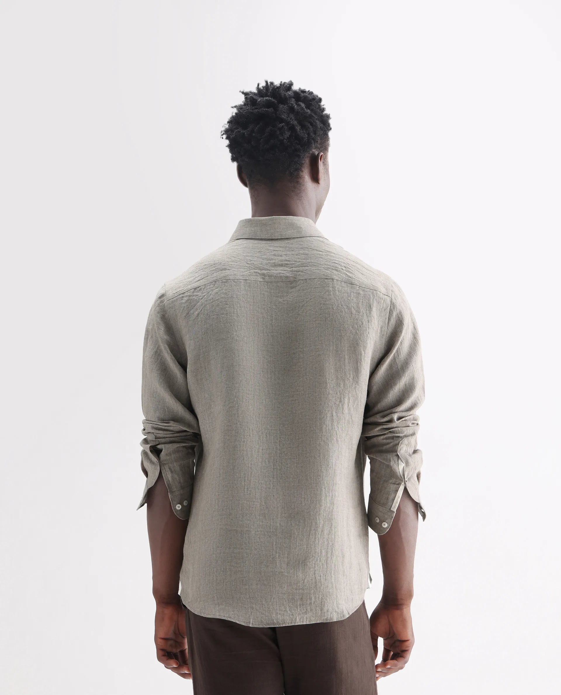 Rare Rabbit Men's Brickurt Brown 100% Linen Plain Regular Fit Full Sleeve Collared Shirt