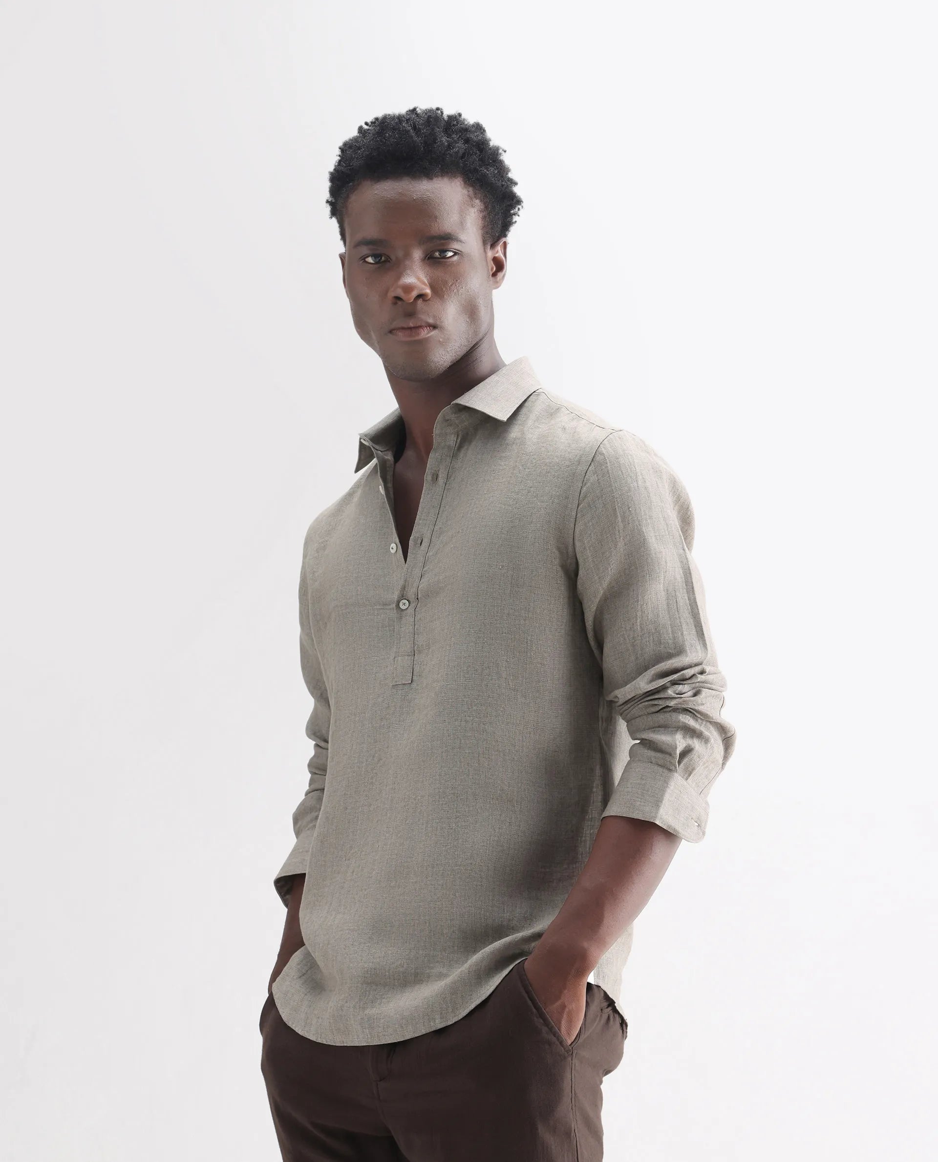 Rare Rabbit Men's Brickurt Brown 100% Linen Plain Regular Fit Full Sleeve Collared Shirt