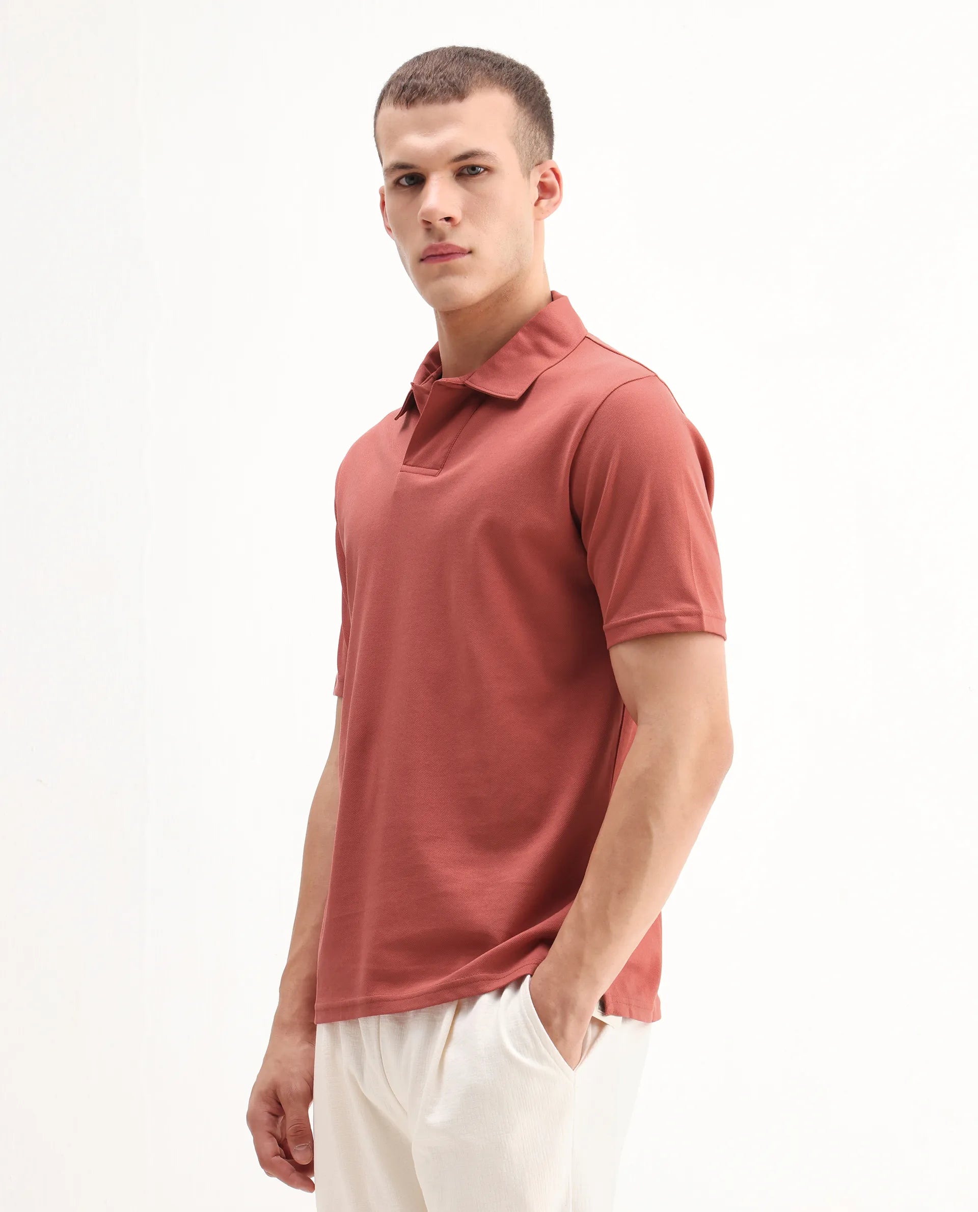 Rare Rabbit Men's Brillio Red Cotton Plain Regular Fit Half Sleeve Polo