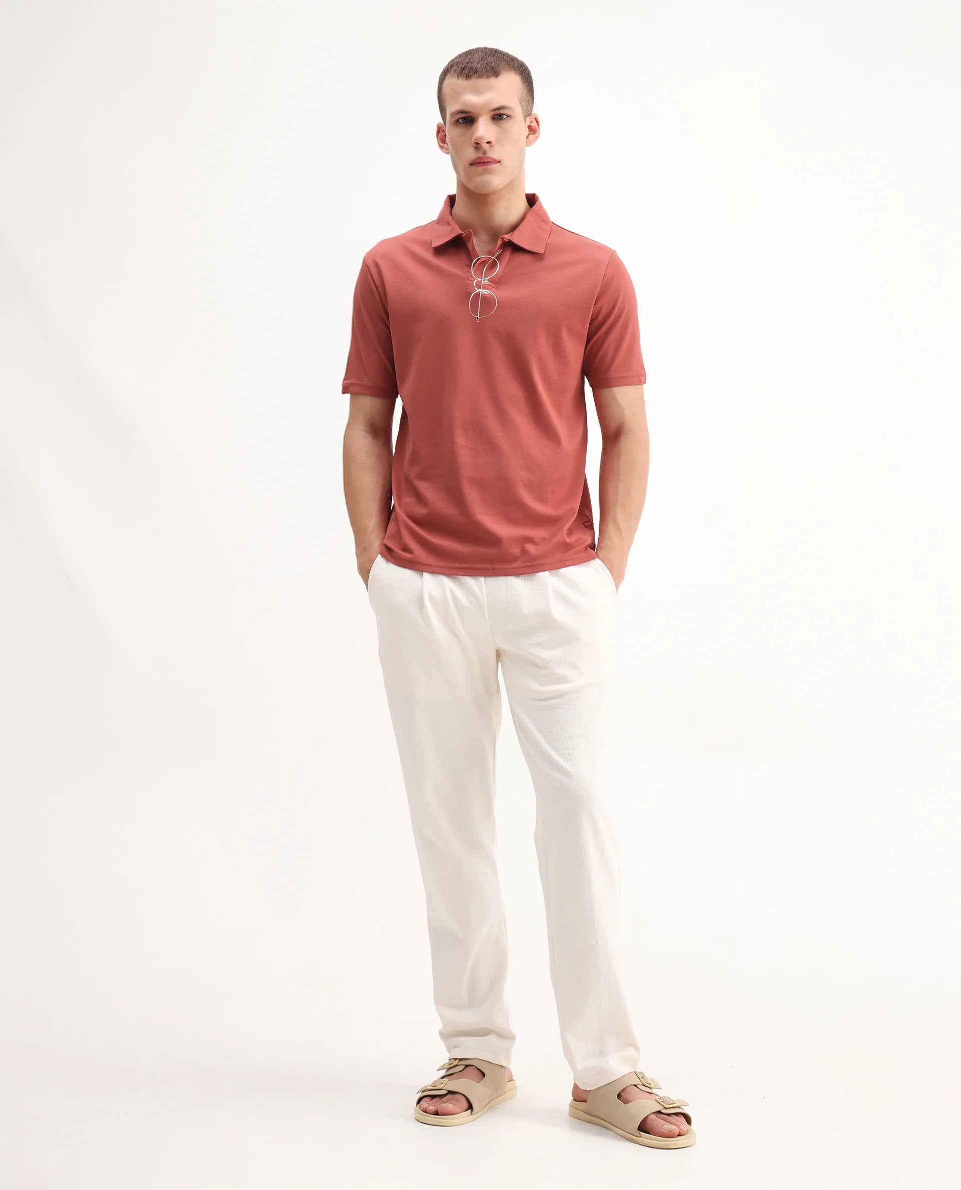 Rare Rabbit Men's Brillio Red Cotton Plain Regular Fit Half Sleeve Polo