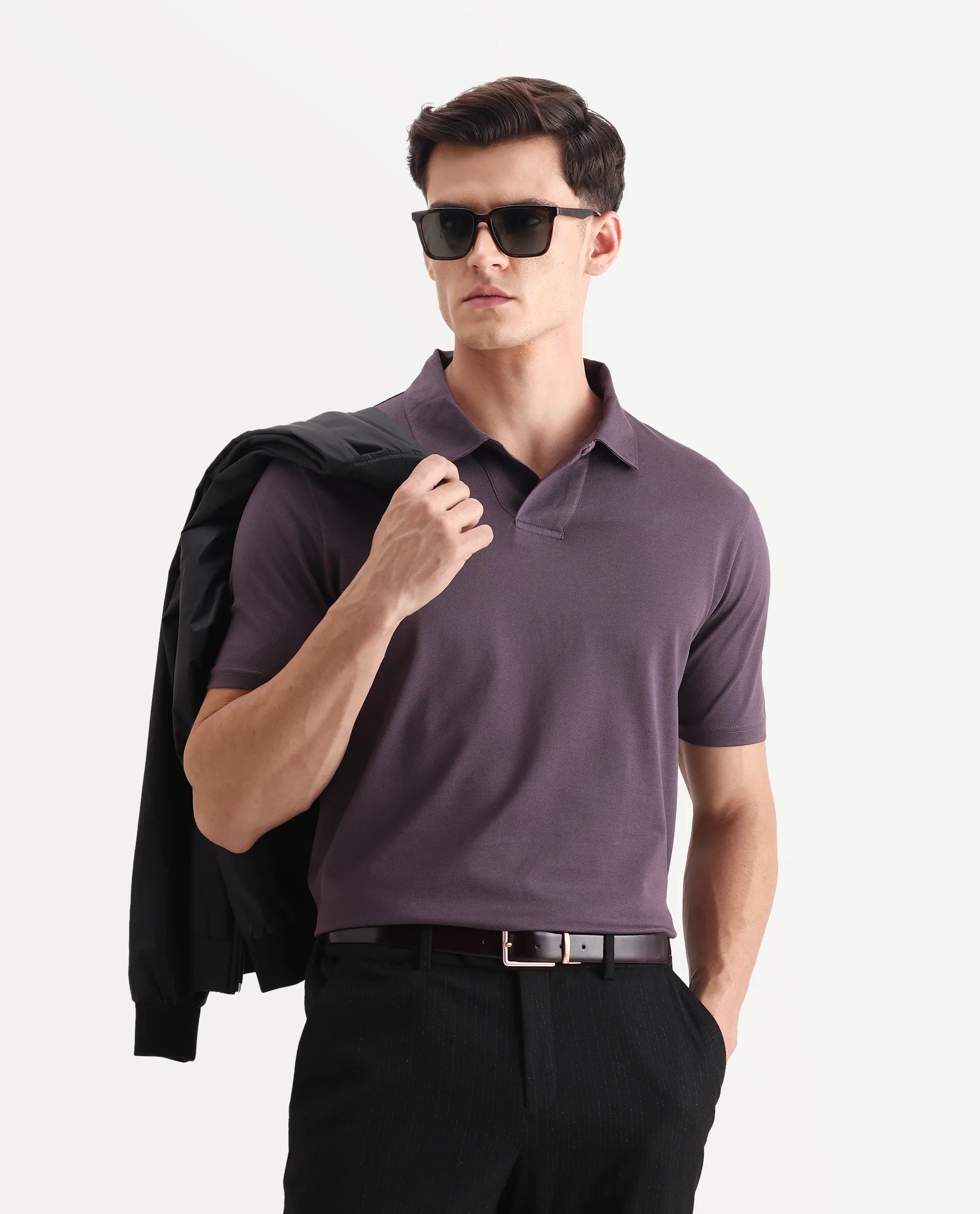 Rare Rabbit Men's Brillio Dusky Purple Cotton Plain Regular Fit Half Sleeve Polo