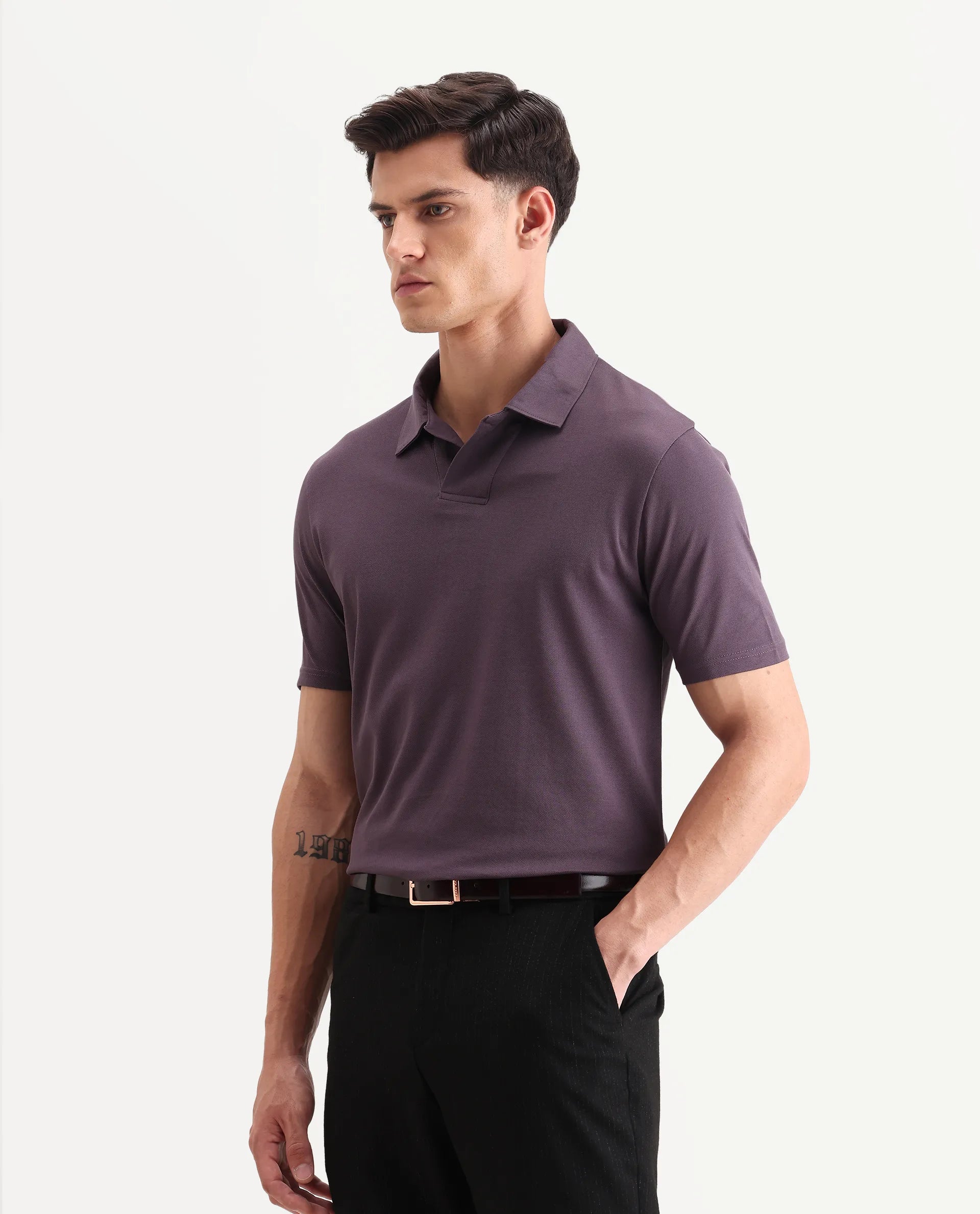 Rare Rabbit Men's Brillio Dusky Purple Cotton Plain Regular Fit Half Sleeve Polo