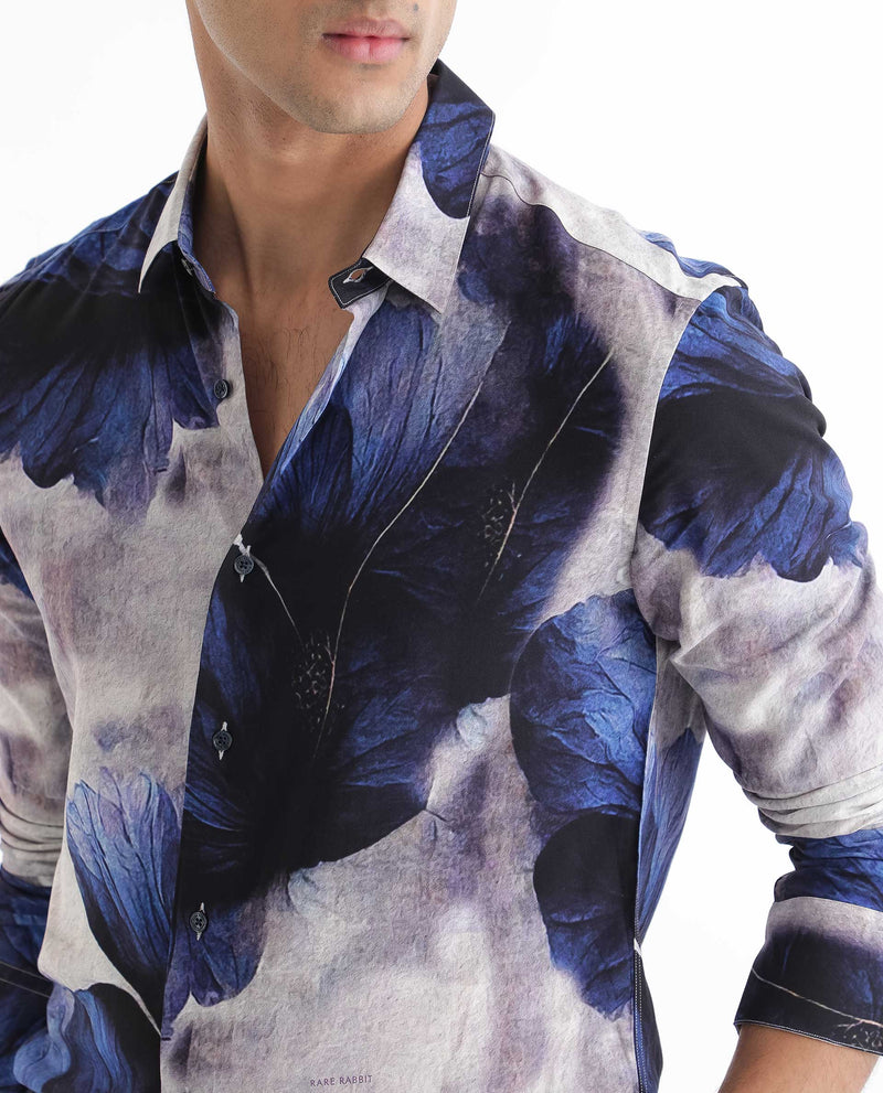 Rare Rabbit Men's Brims Purple Viscose Fabric Floral Print Full Sleeves Shirt
