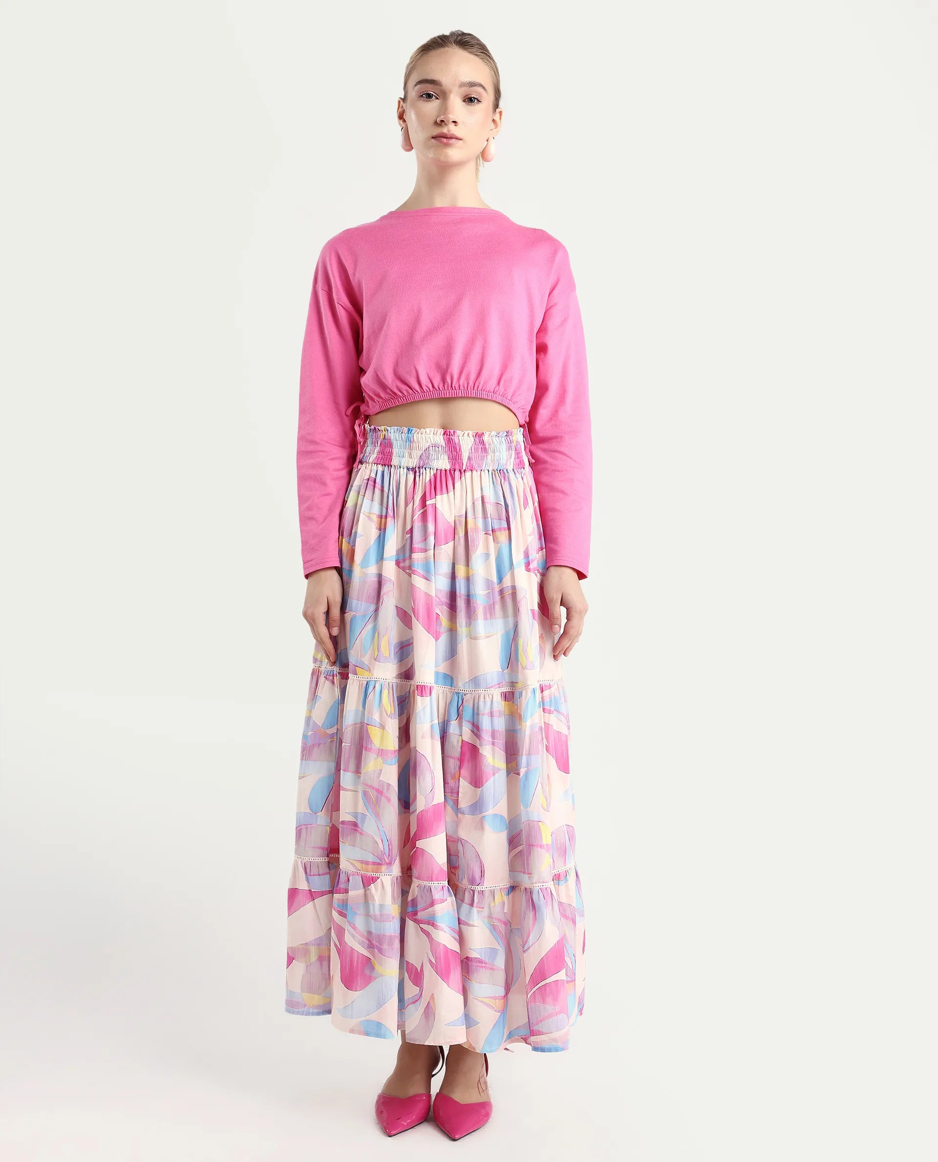 Rareism Women's Brindsi Multi Cotton Abstract Print Maxi Flared Skirt