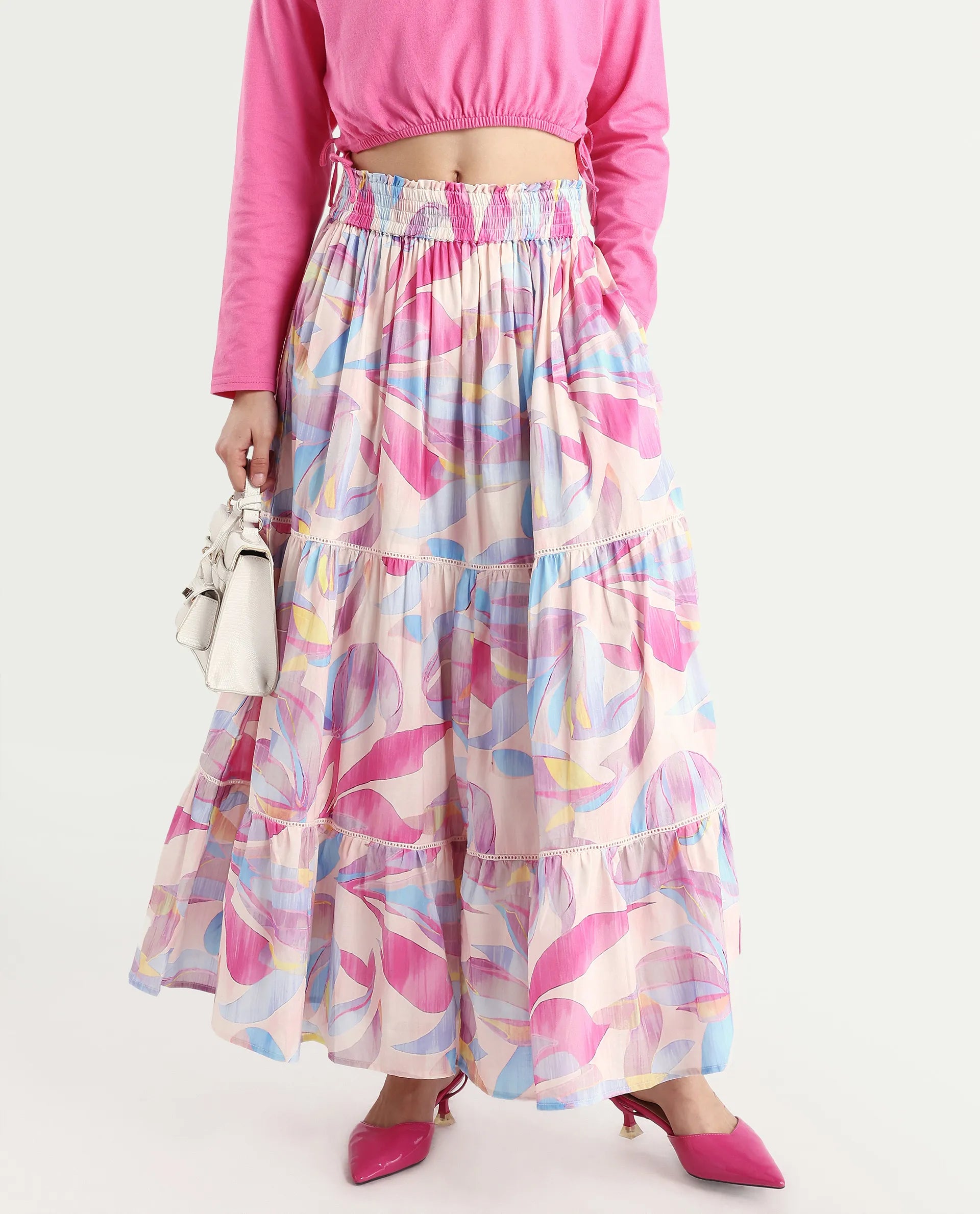 Rareism Women's Brindsi Multi Cotton Abstract Print Maxi Flared Skirt