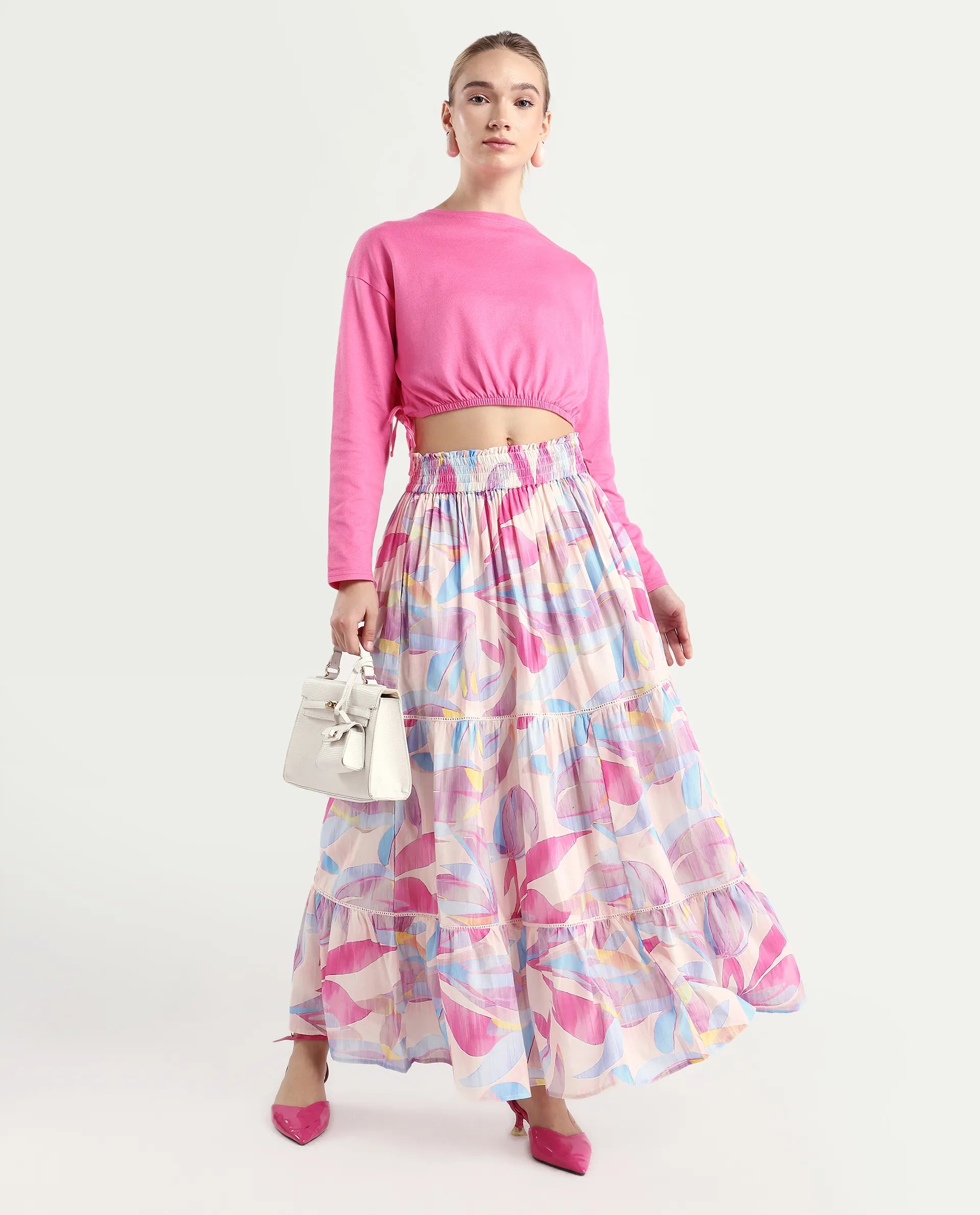 Rareism Women's Brindsi Multi Cotton Abstract Print Maxi Flared Skirt