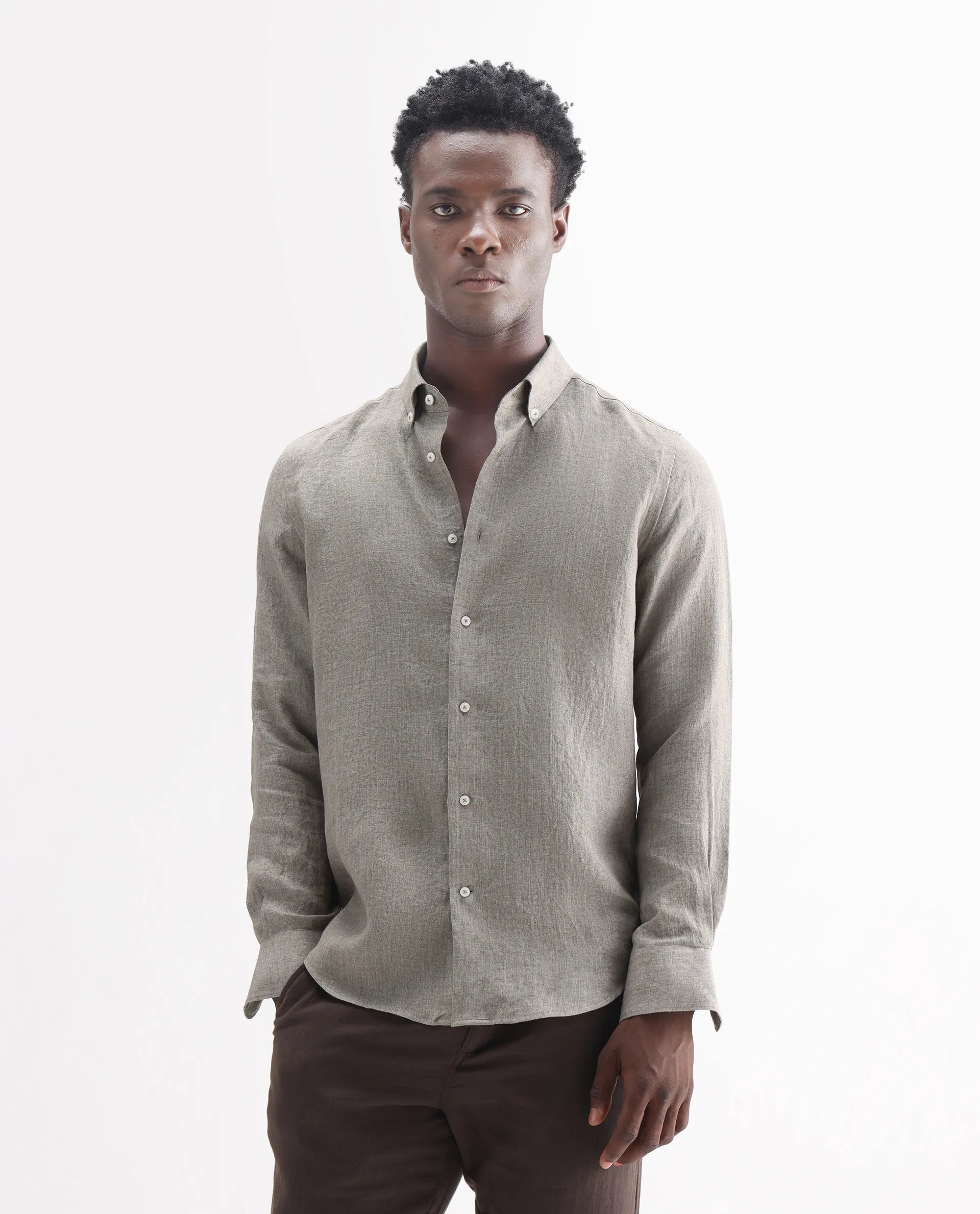 Rare Rabbit Men's Brisbane Ls Brown 100% Linen Plain Regular Fit Full Sleeve Button-Down Collar Shirt