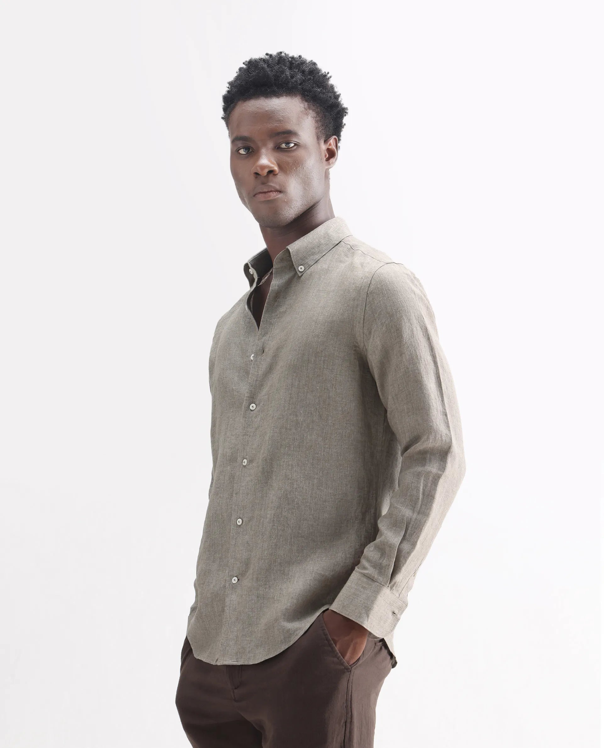 Rare Rabbit Men's Brisbane Ls Brown 100% Linen Plain Regular Fit Full Sleeve Button-Down Collar Shirt