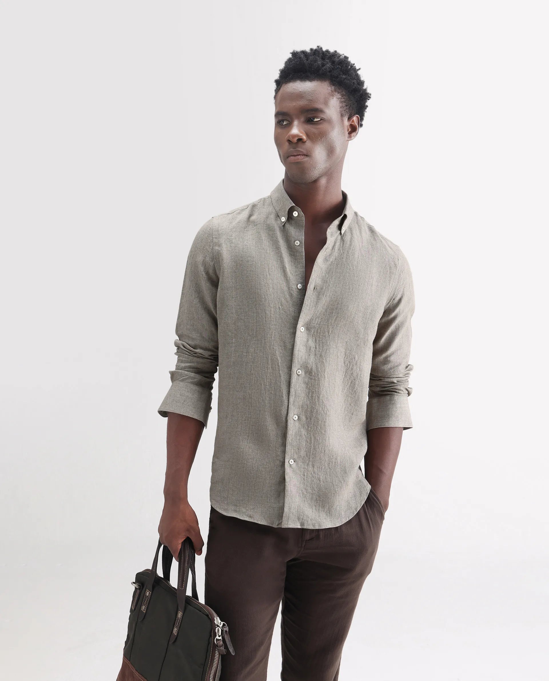 Rare Rabbit Men's Brisbane Ls Brown 100% Linen Plain Regular Fit Full Sleeve Button-Down Collar Shirt