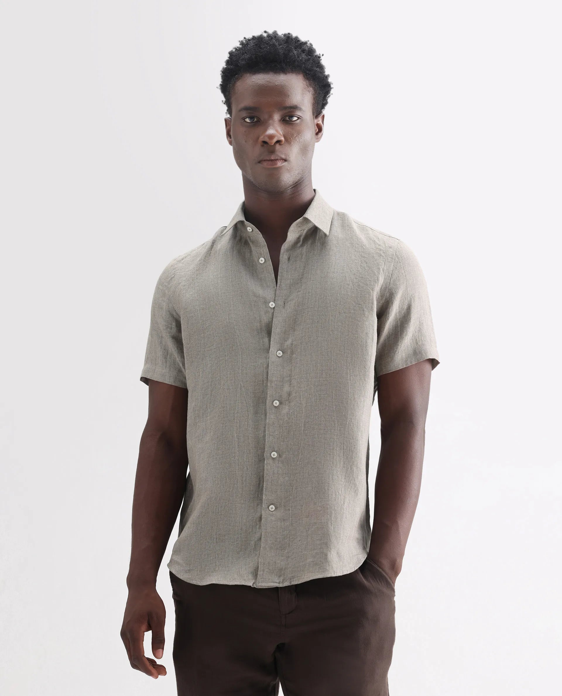 Rare Rabbit Men's Brisbane Ss Brown 100% Linen Plain Regular Fit Half Sleeve Collared Shirt