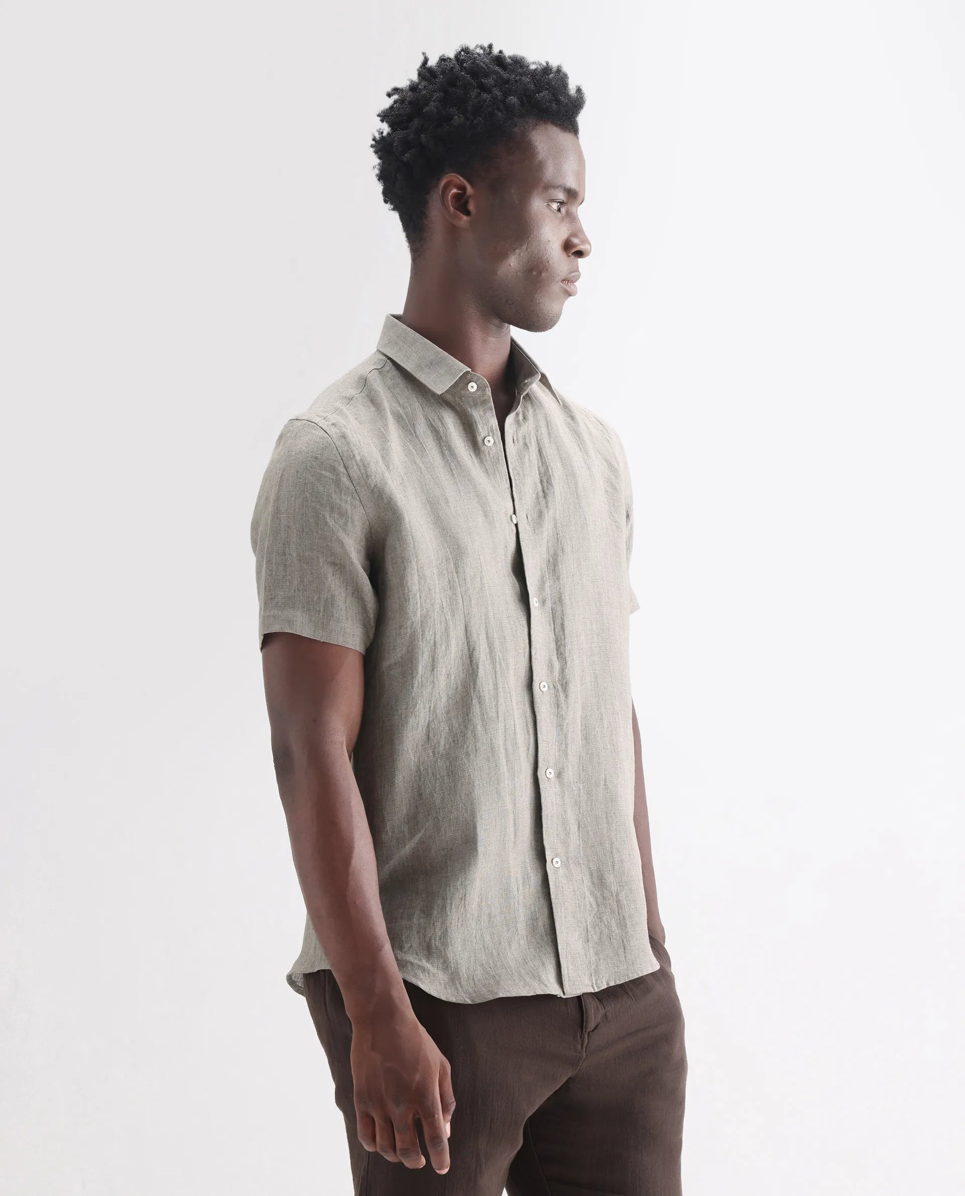 Rare Rabbit Men's Brisbane Ss Brown 100% Linen Plain Regular Fit Half Sleeve Collared Shirt