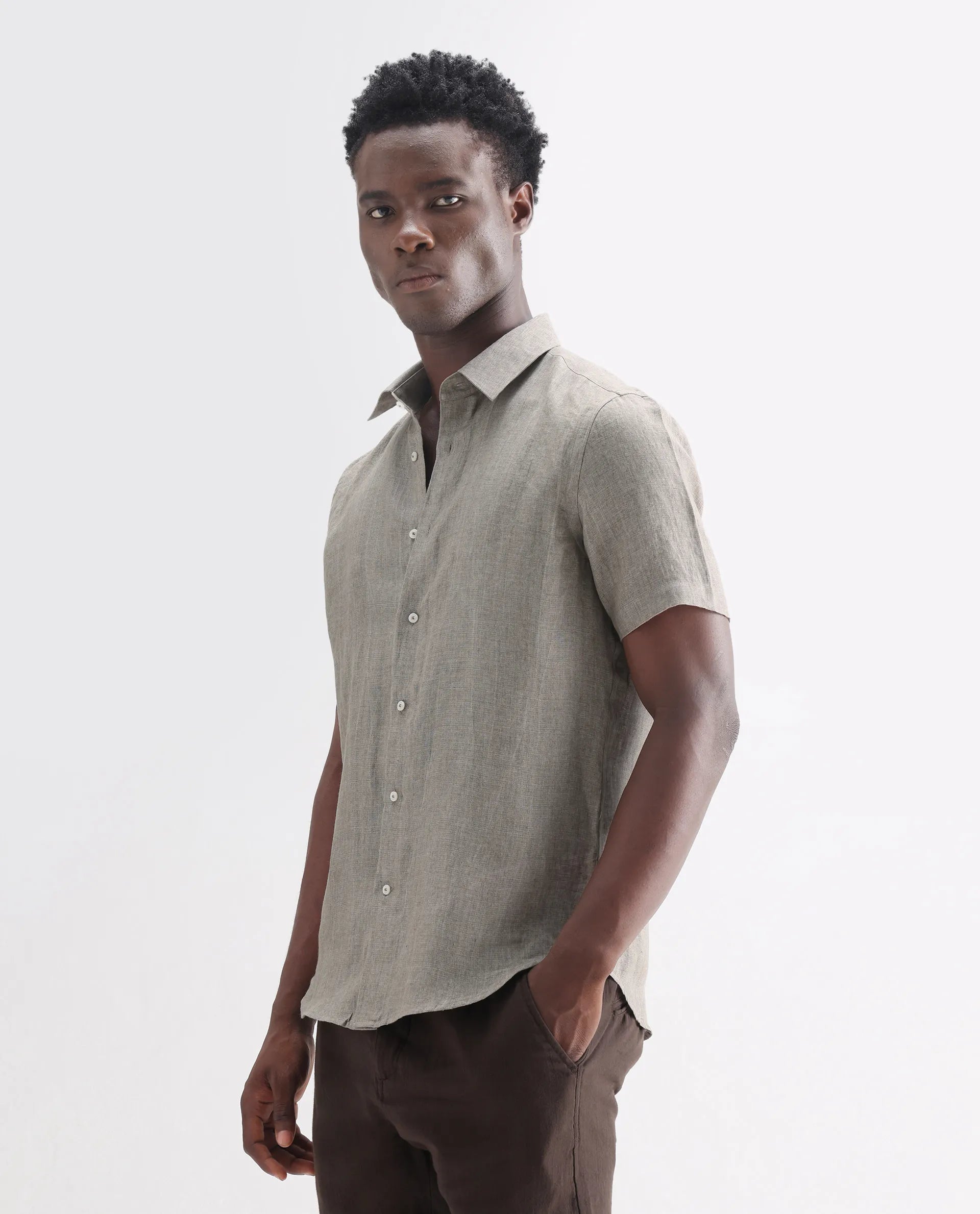 Rare Rabbit Men's Brisbane Ss Brown 100% Linen Plain Regular Fit Half Sleeve Collared Shirt