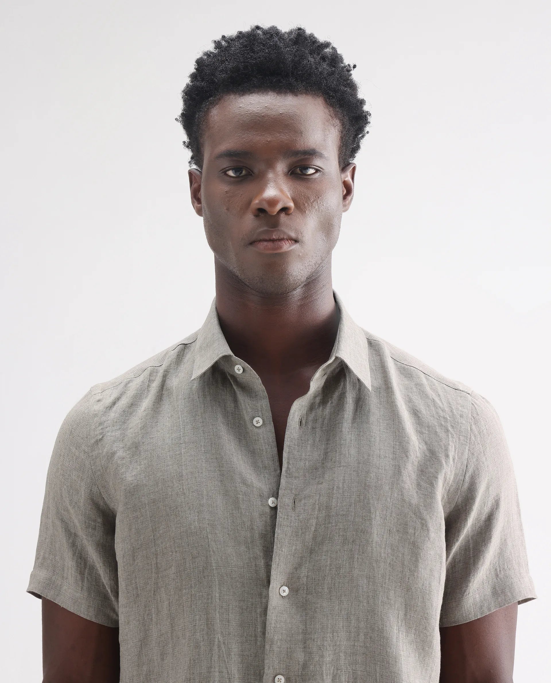 Rare Rabbit Men's Brisbane Ss Brown 100% Linen Plain Regular Fit Half Sleeve Collared Shirt