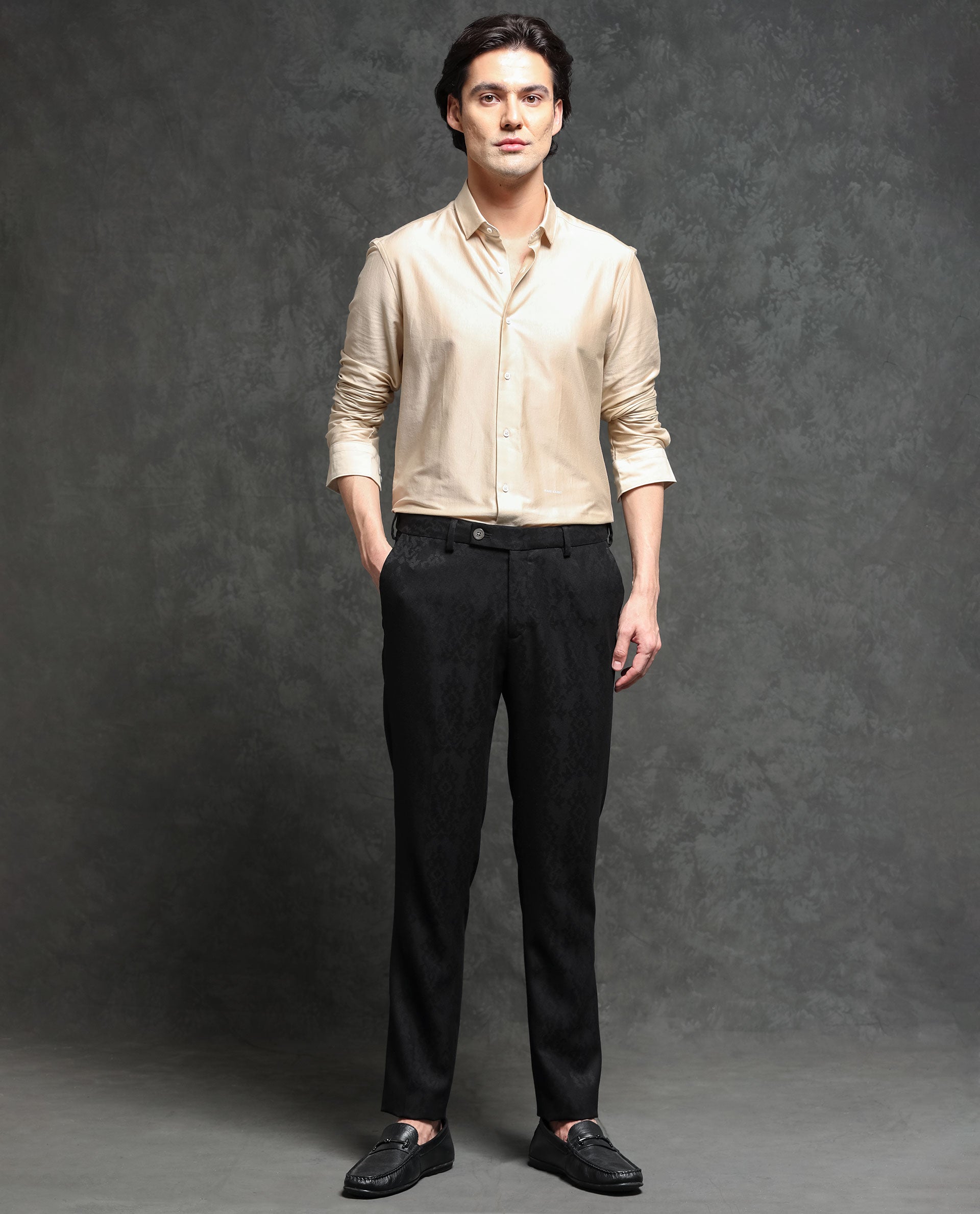 Rare Rabbit Men's Bristol Black Mid-Rise Regular Fit Premium Jacquard Trousers