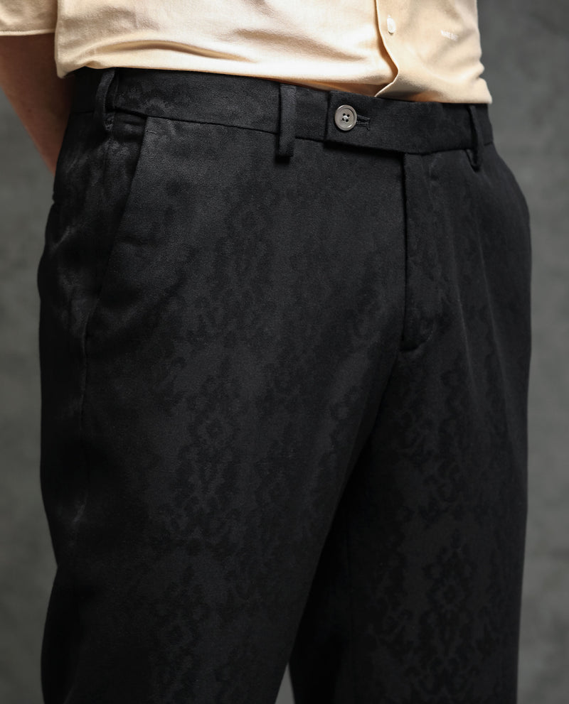 Rare Rabbit Men's Bristol Black Mid-Rise Regular Fit Premium Jacquard Trousers