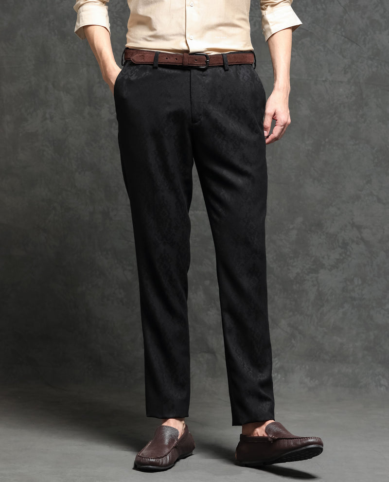 Rare Rabbit Men's Bristol Black Mid-Rise Regular Fit Premium Jacquard Trousers