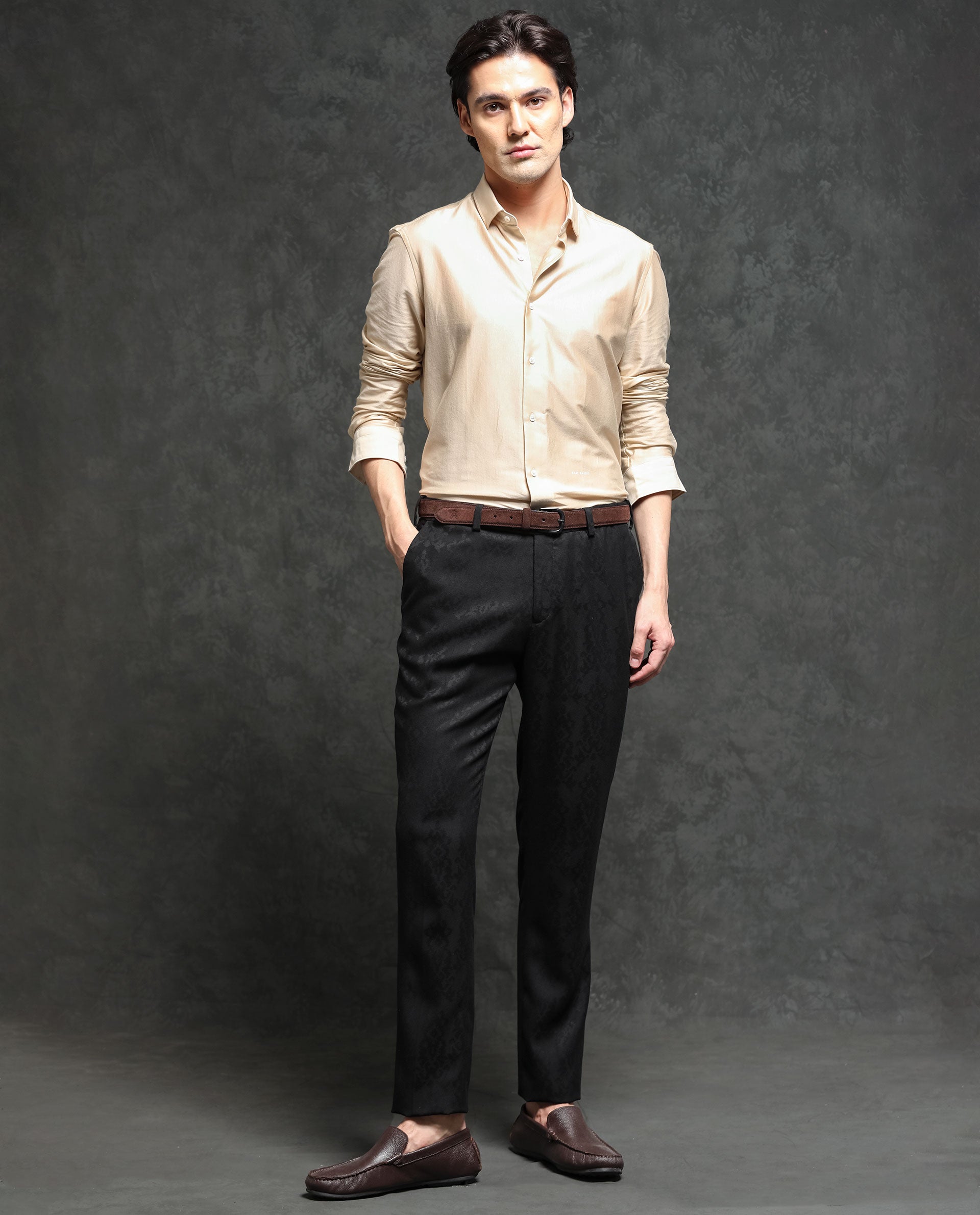 Rare Rabbit Men's Bristol Black Mid-Rise Regular Fit Premium Jacquard Trousers