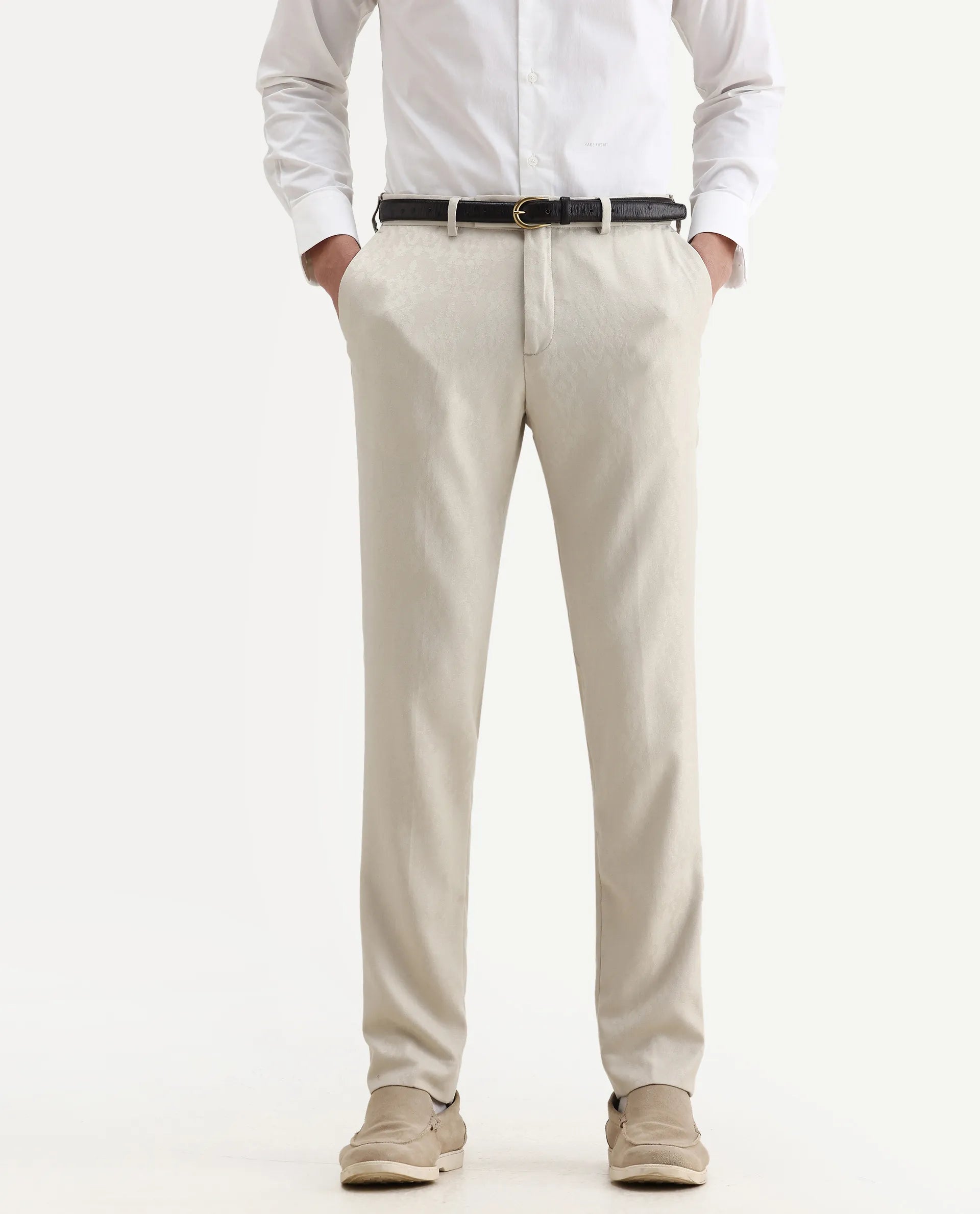 Rare Rabbit Men's Bristol Beige Jacquard Regular Fit Trouser