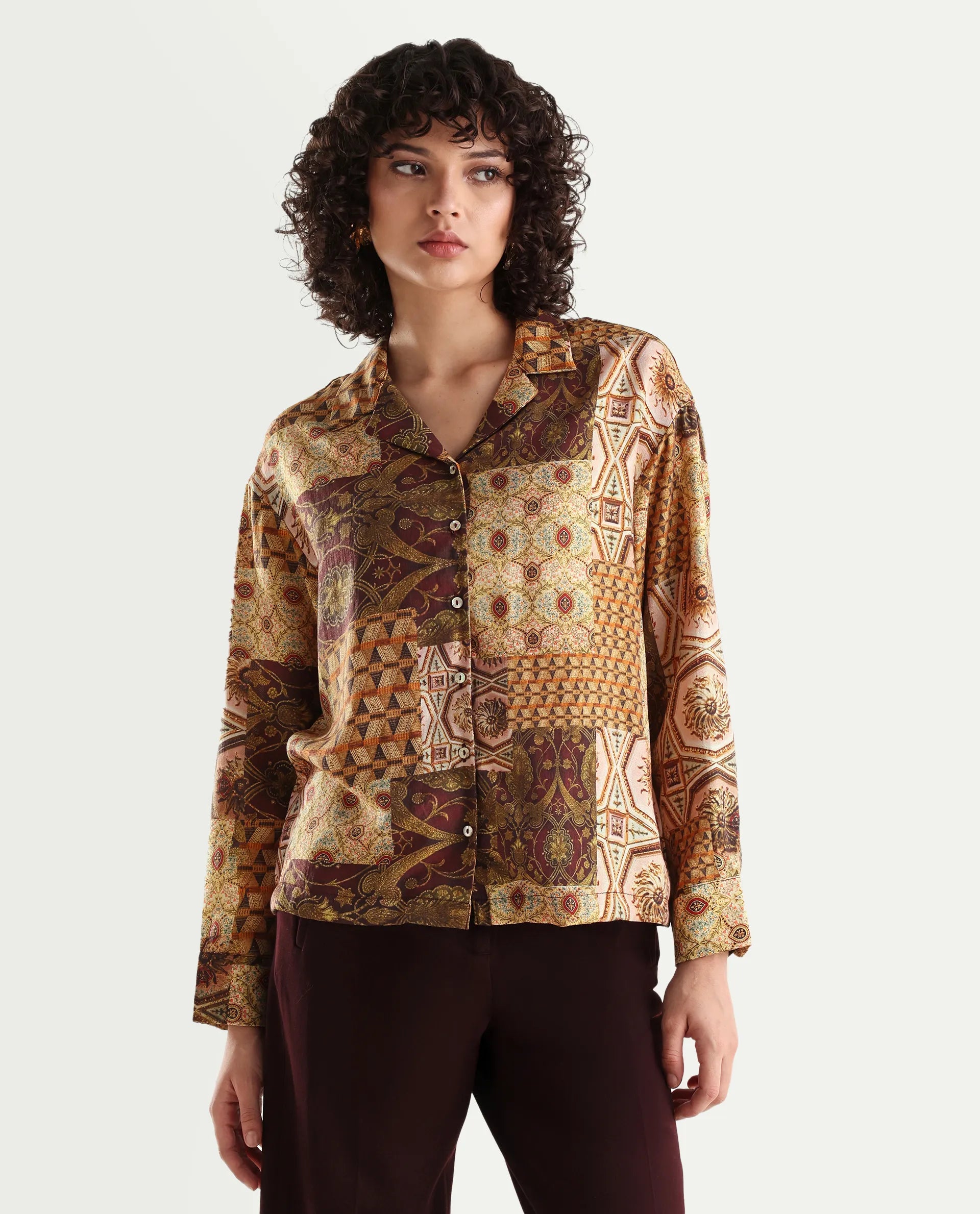 Rareism Women's Broadway Brown Poplin Lapel Neck Abstract Print Cuffed Sleeve Relaxed Fit Top