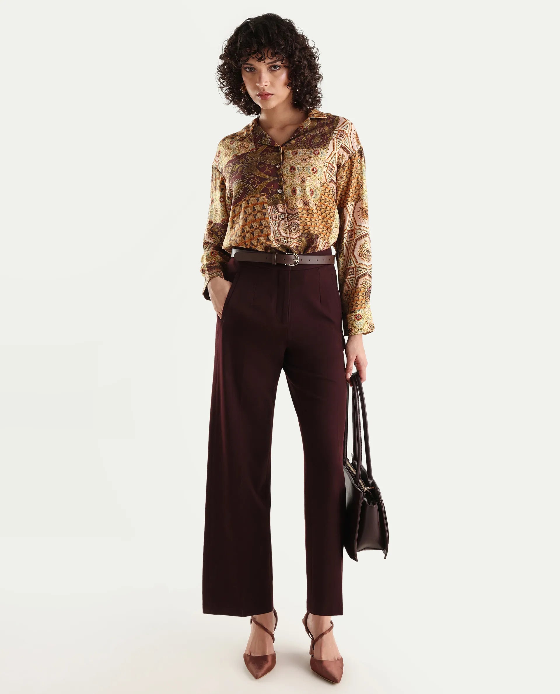 Rareism Women's Broadway Brown Poplin Lapel Neck Abstract Print Cuffed Sleeve Relaxed Fit Top