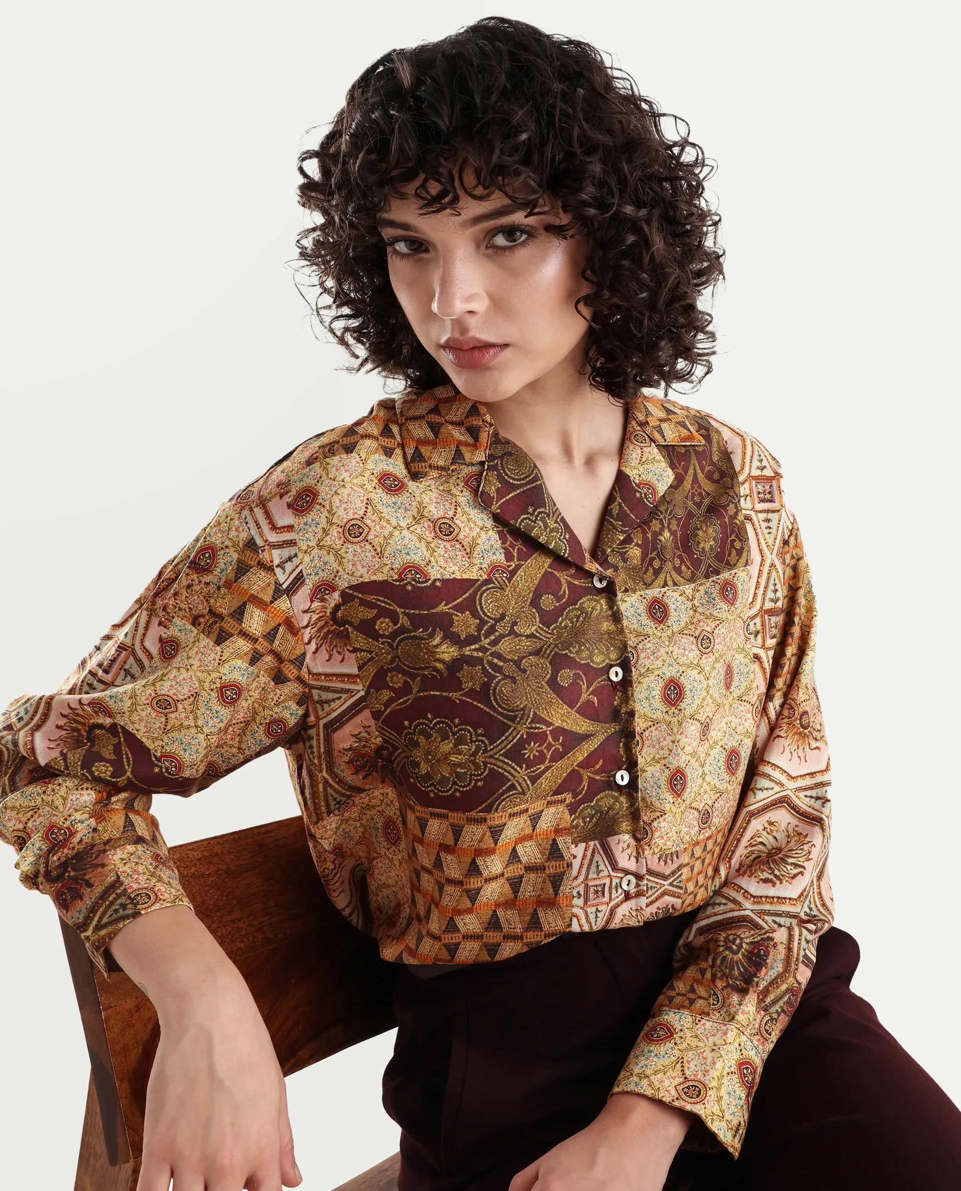 Rareism Women's Broadway Brown Poplin Lapel Neck Abstract Print Cuffed Sleeve Relaxed Fit Top