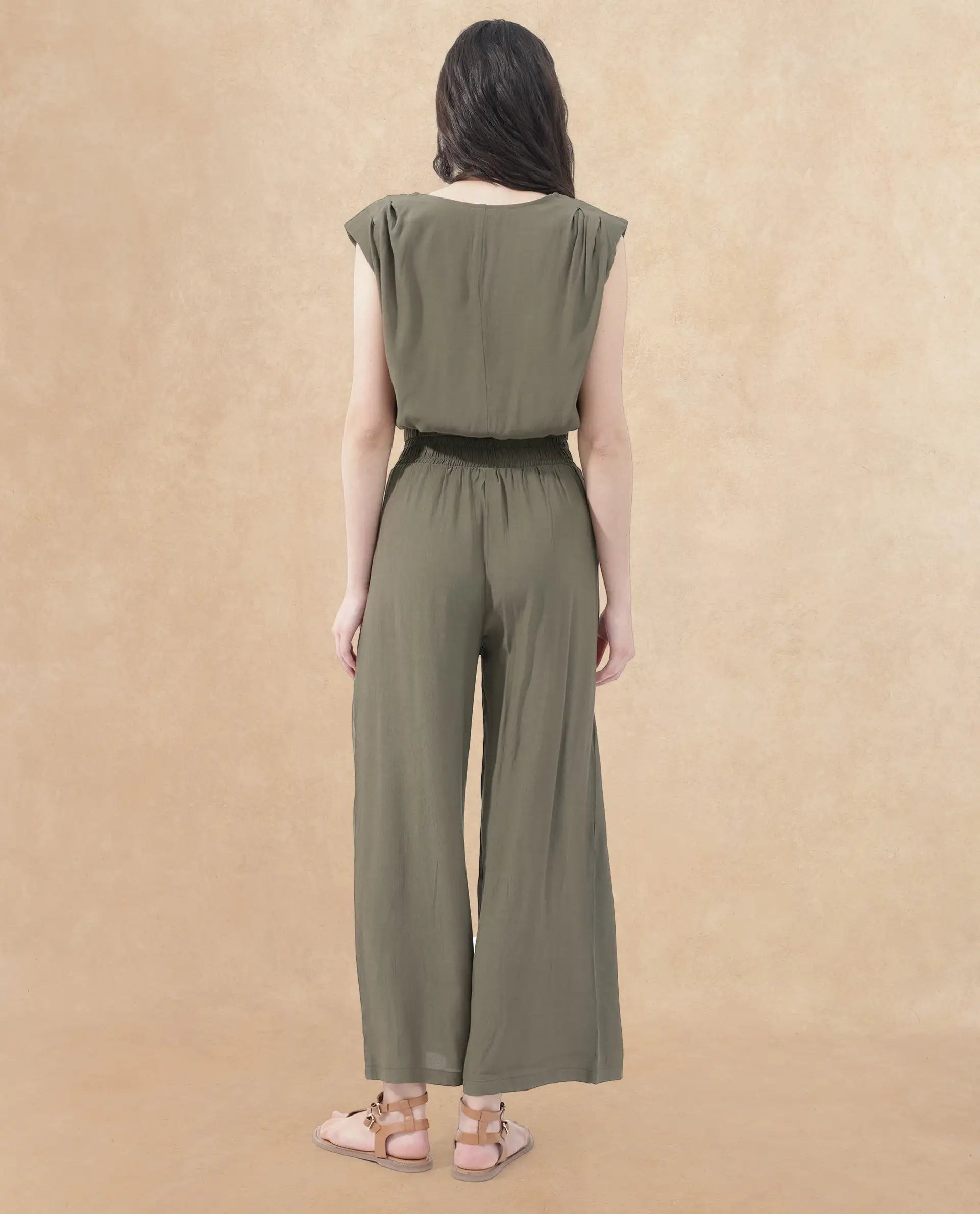 Rareism Women Brodie-B Olive Rayon Fabric Regular Length Trouser