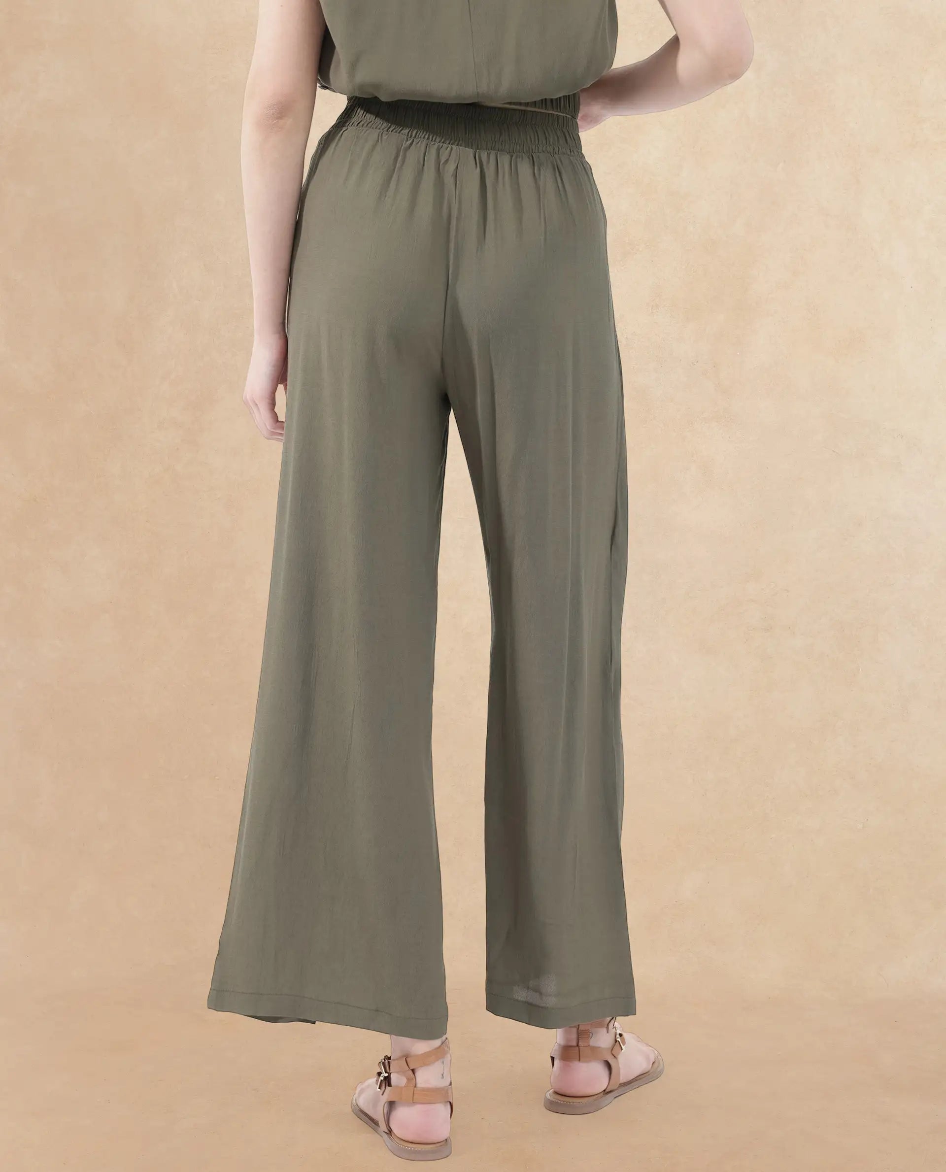 Rareism Women Brodie-B Olive Rayon Fabric Regular Length Trouser