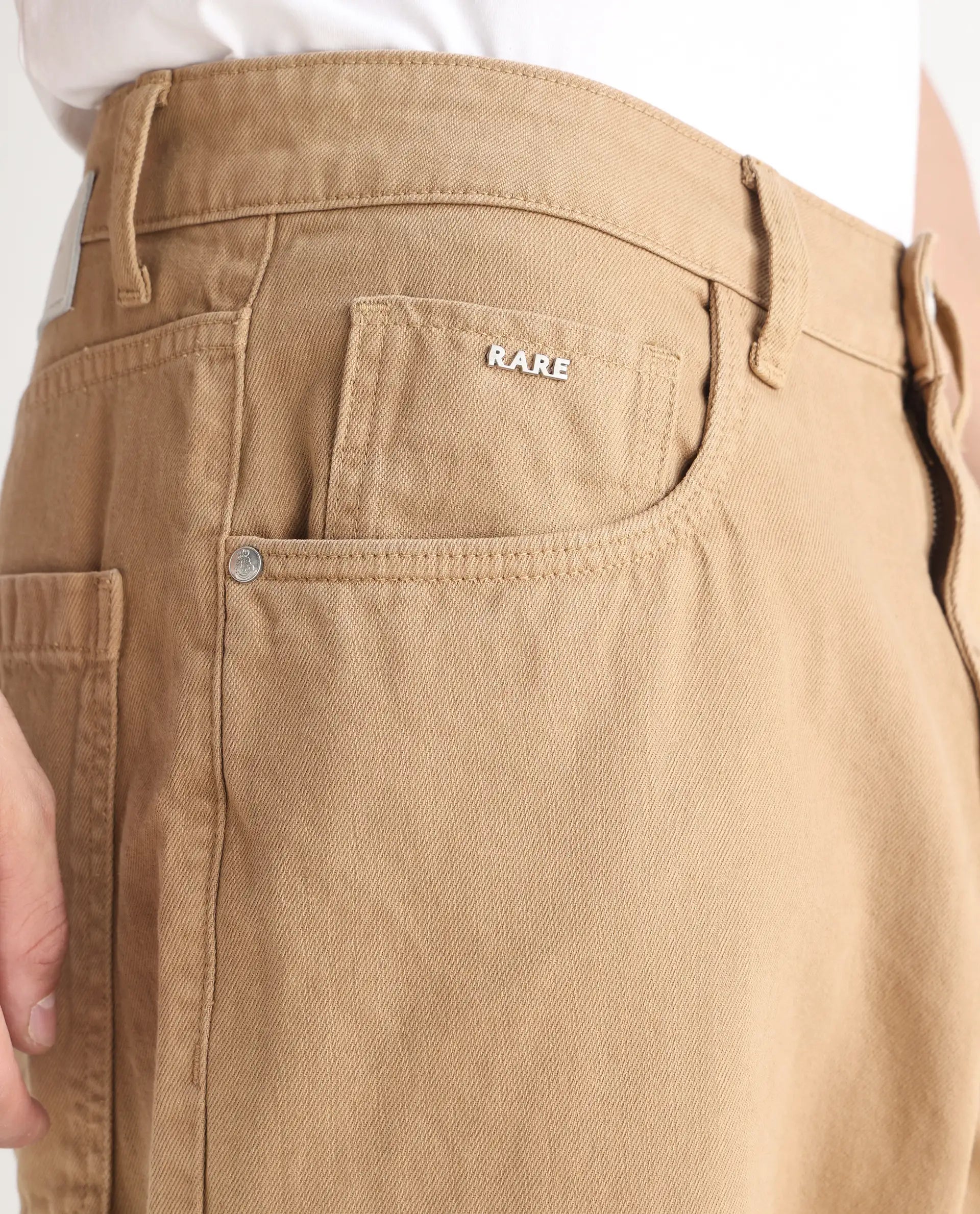 Rare Rabbit Men's Bron Beige Cotton Plain Baggy Fit Jeans