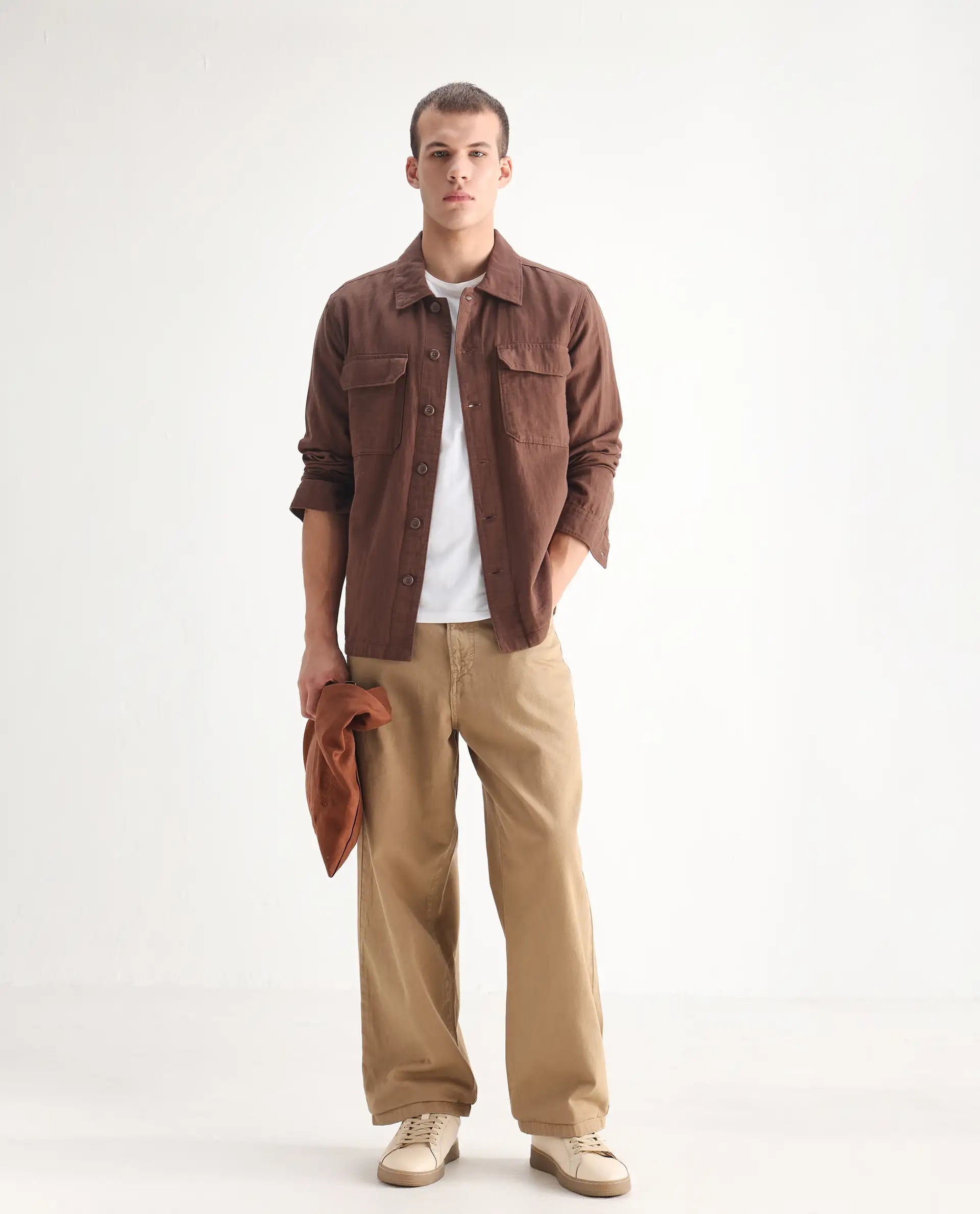 Rare Rabbit Men's Bron Beige Cotton Plain Baggy Fit Jeans