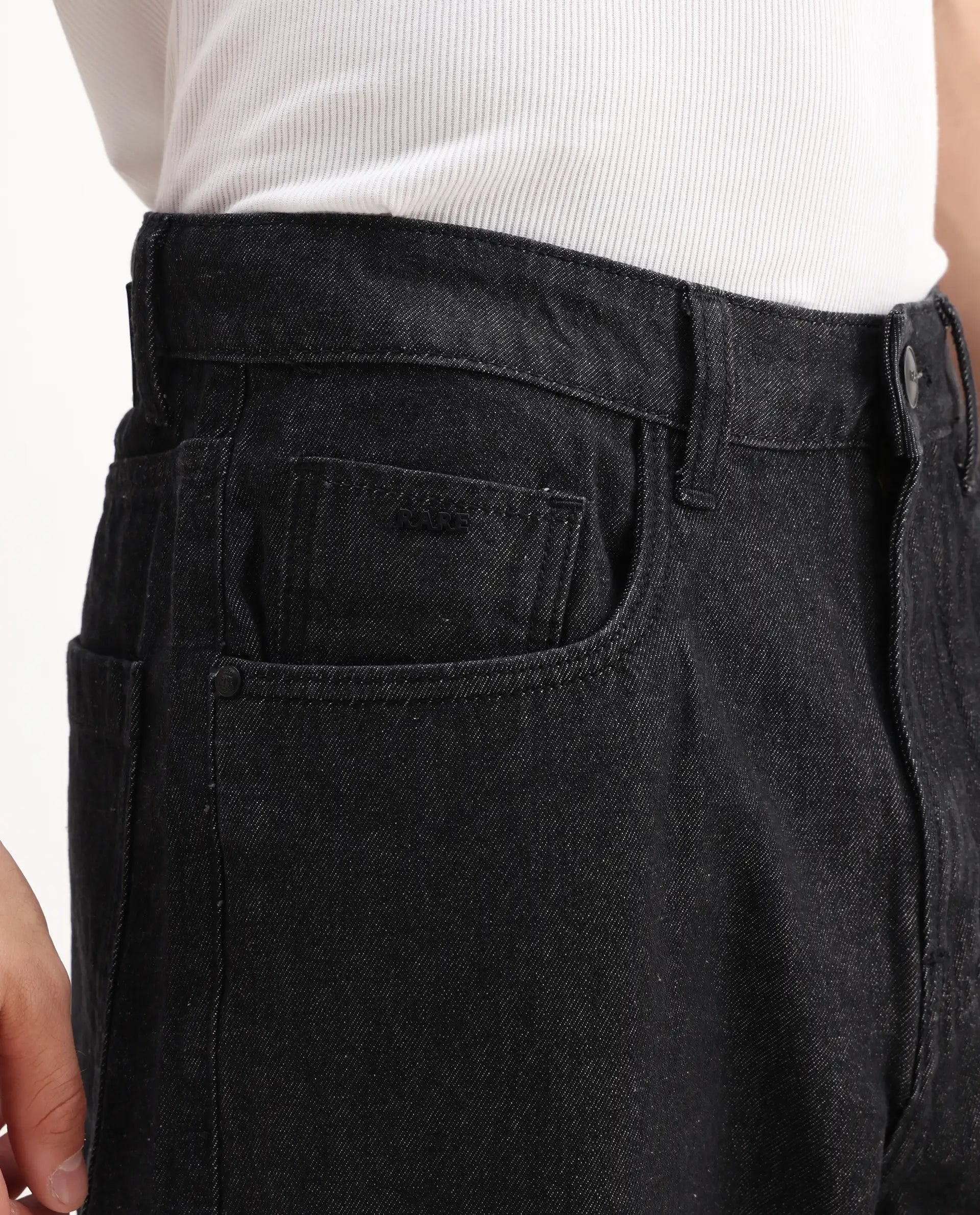 Rare Rabbit Men's Bron Black Cotton Plain Baggy Fit Jeans