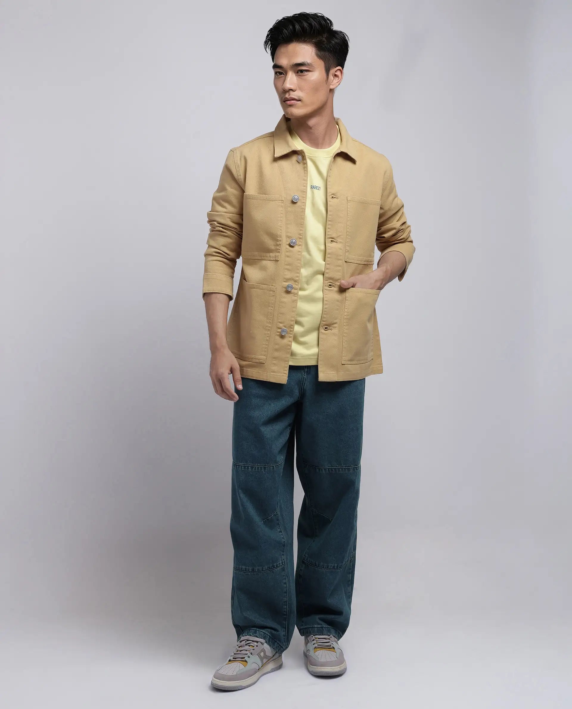 Rare Rabbit Men Brond Beige Cotton Fabric Full Sleeves Collared Neck Zipper Closure Plain Jacket