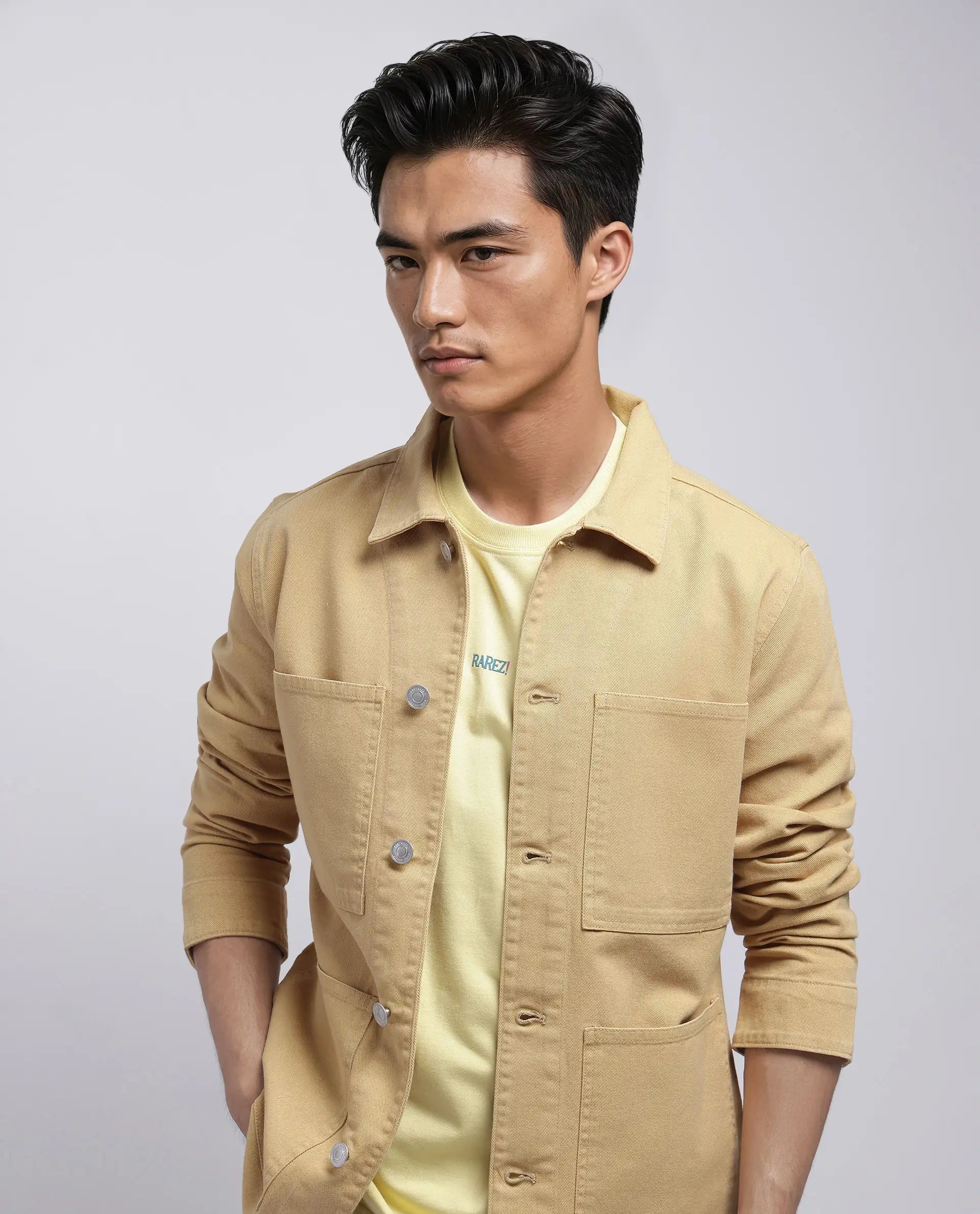 Rare Rabbit Men Brond Beige Cotton Fabric Full Sleeves Collared Neck Zipper Closure Plain Jacket