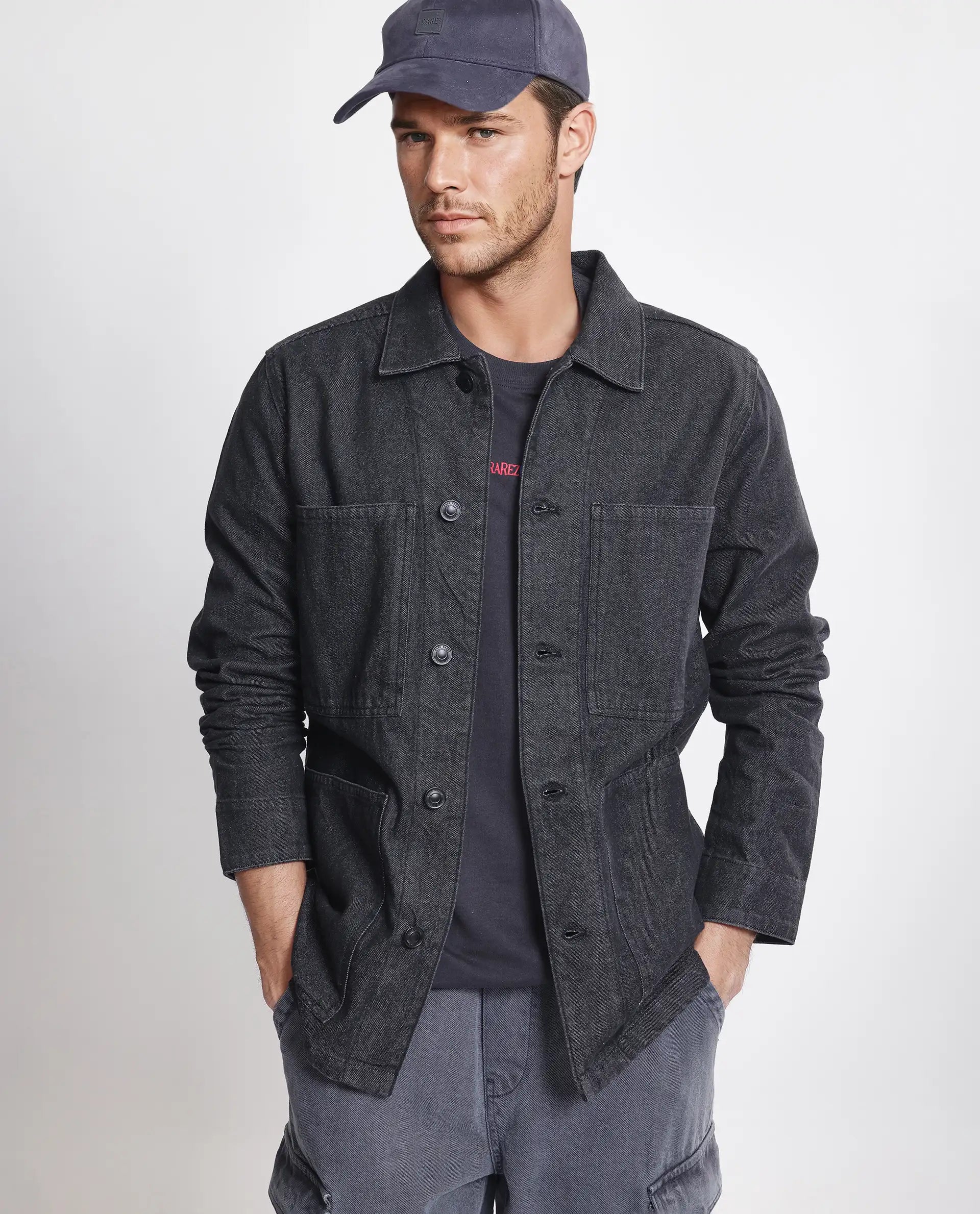 Rare Rabbit Men Brond Black Cotton Fabric Full Sleeves Collared Neck Zipper Closure Plain Jacket