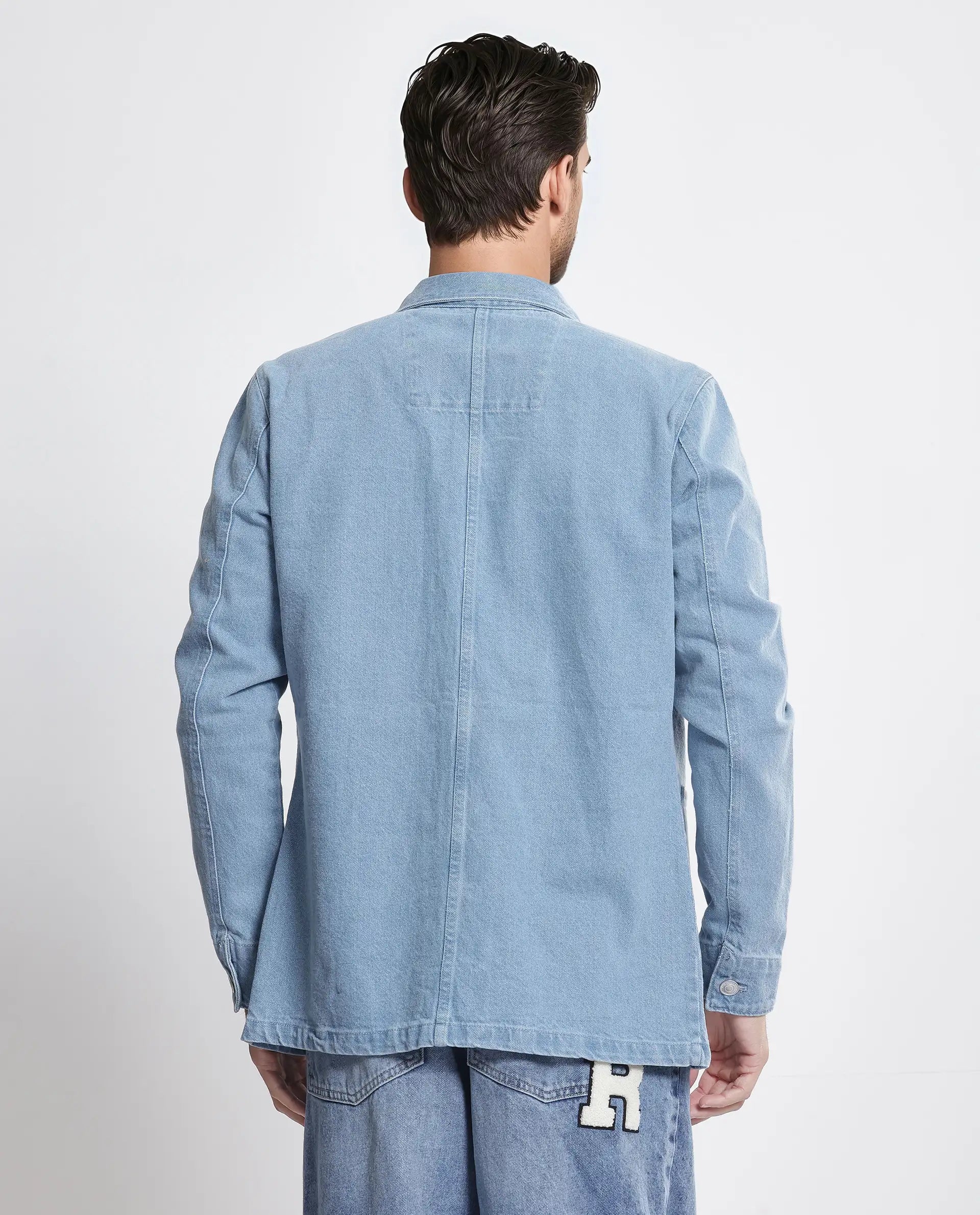 Rare Rabbit Men Brond Light Blue Cotton Fabric Full Sleeves Collared Neck Zipper Closure Plain Jacket