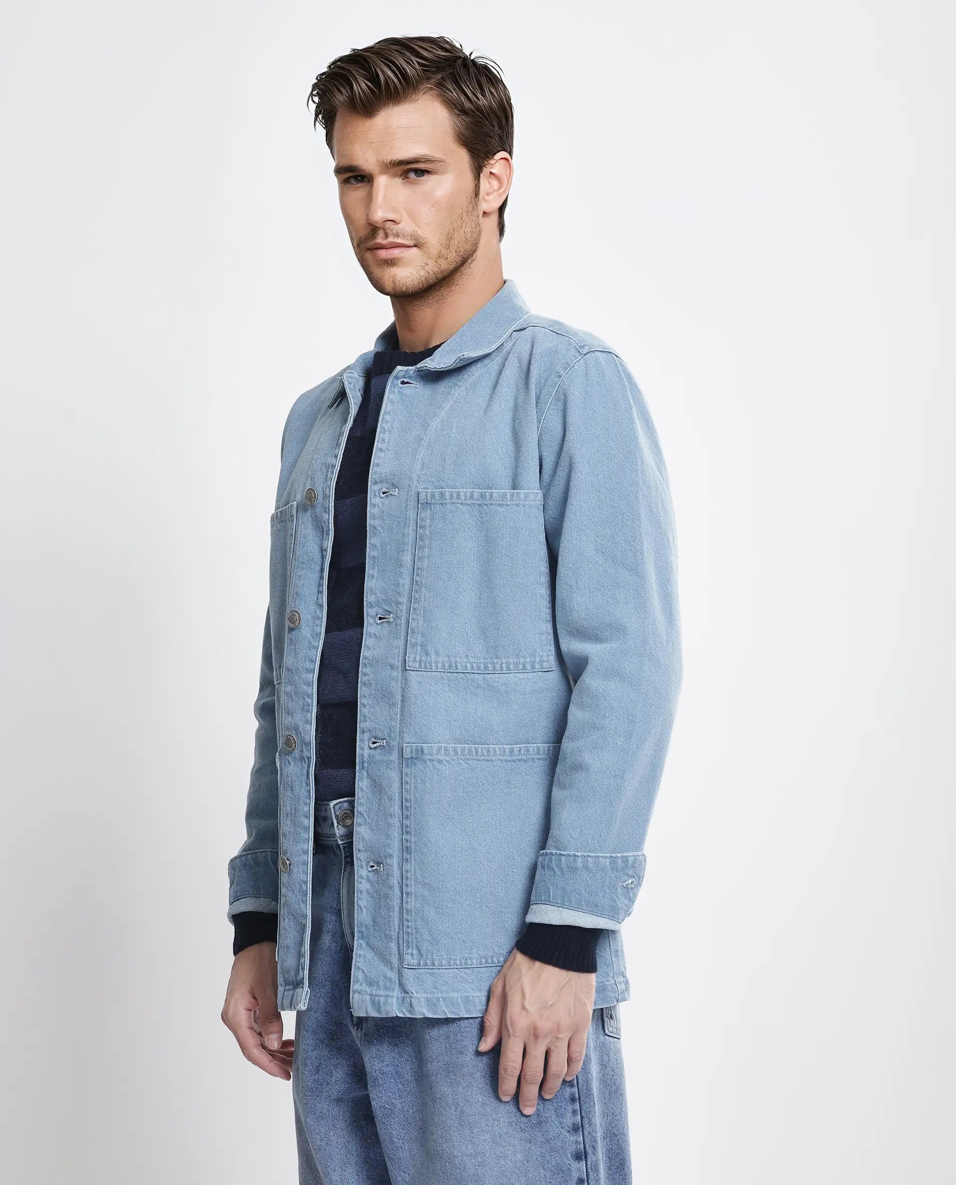 Rare Rabbit Men Brond Light Blue Cotton Fabric Full Sleeves Collared Neck Zipper Closure Plain Jacket