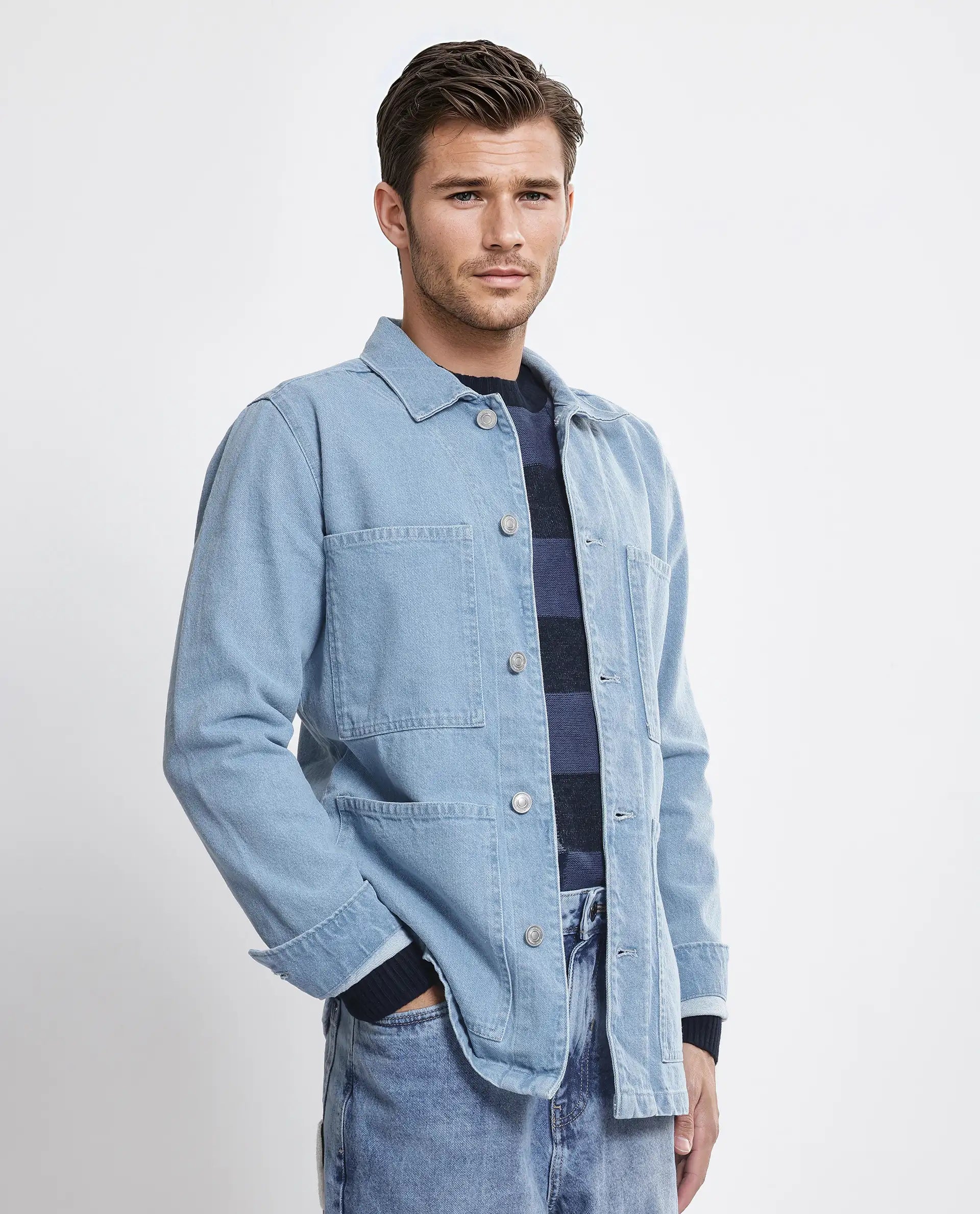 Rare Rabbit Men Brond Light Blue Cotton Fabric Full Sleeves Collared Neck Zipper Closure Plain Jacket