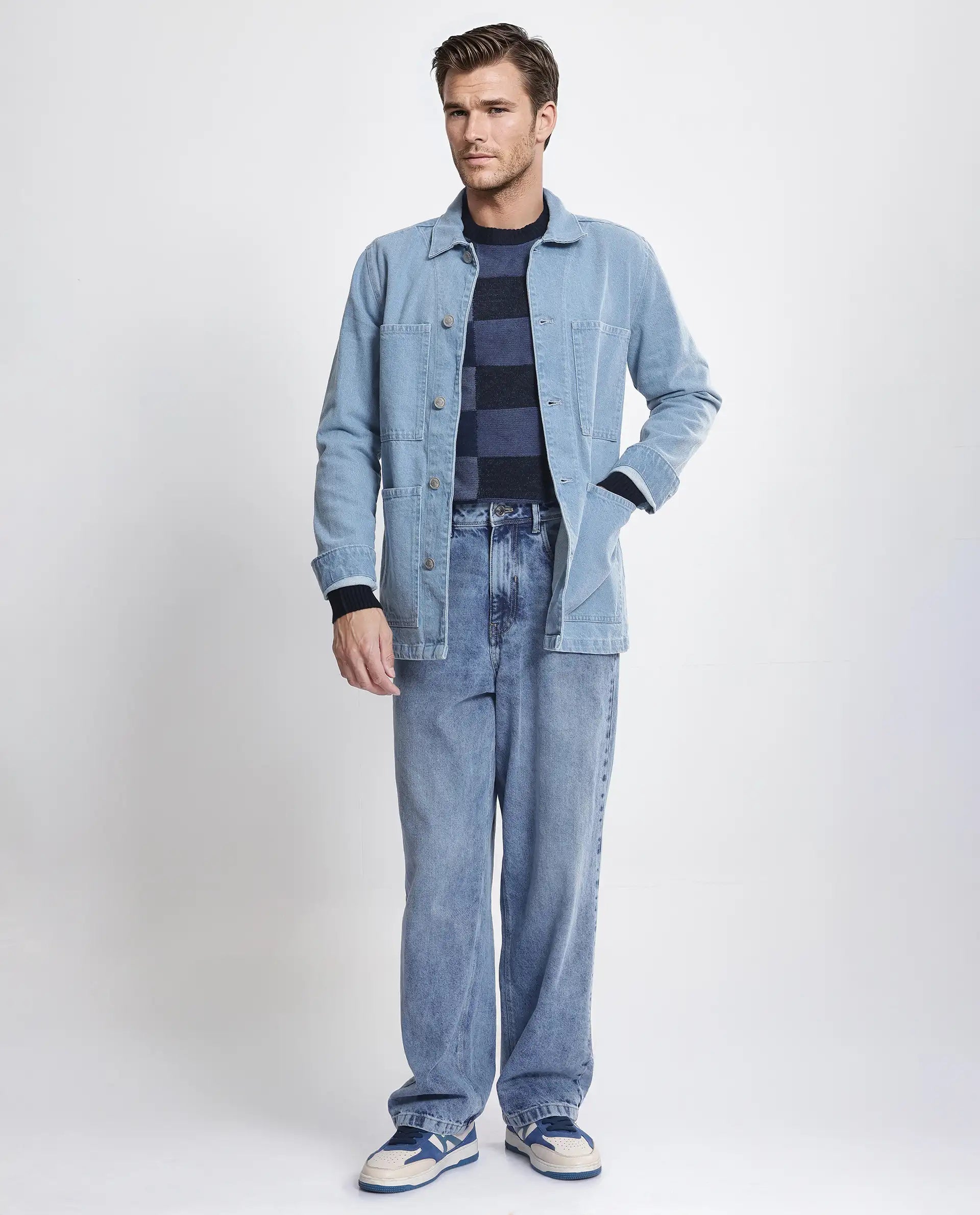 Rare Rabbit Men Brond Light Blue Cotton Fabric Full Sleeves Collared Neck Zipper Closure Plain Jacket