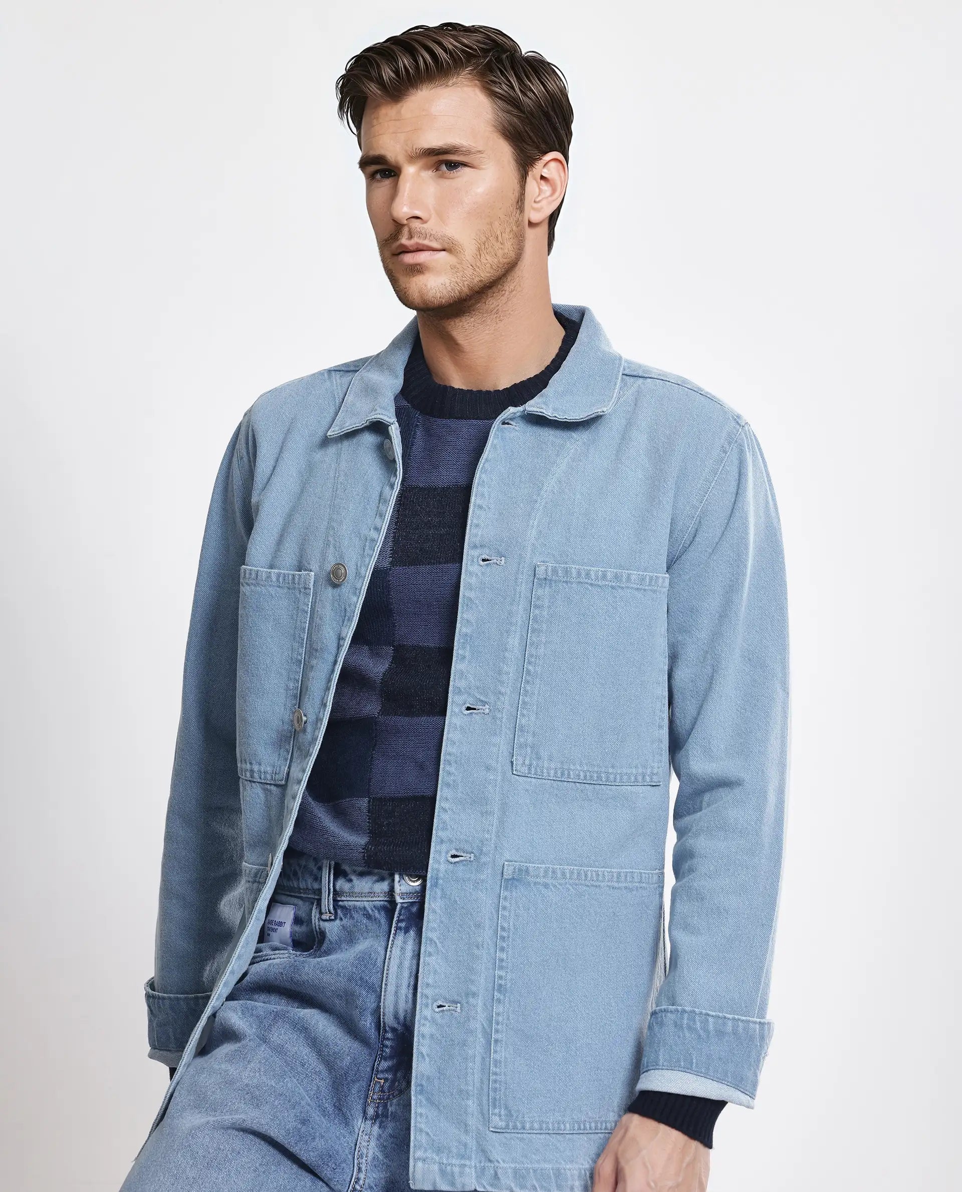 Rare Rabbit Men Brond Light Blue Cotton Fabric Full Sleeves Collared Neck Zipper Closure Plain Jacket