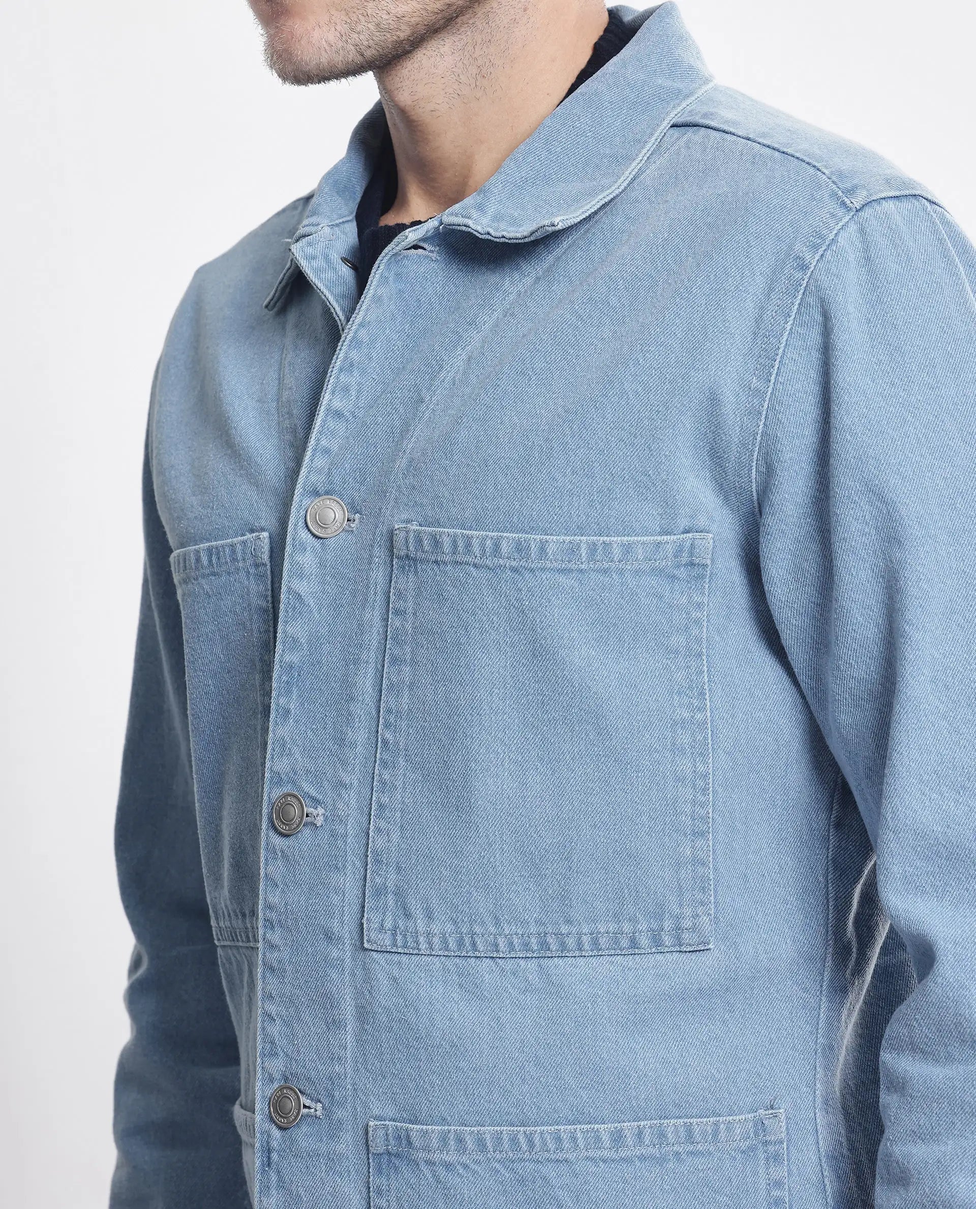 Rare Rabbit Men Brond Light Blue Cotton Fabric Full Sleeves Collared Neck Zipper Closure Plain Jacket