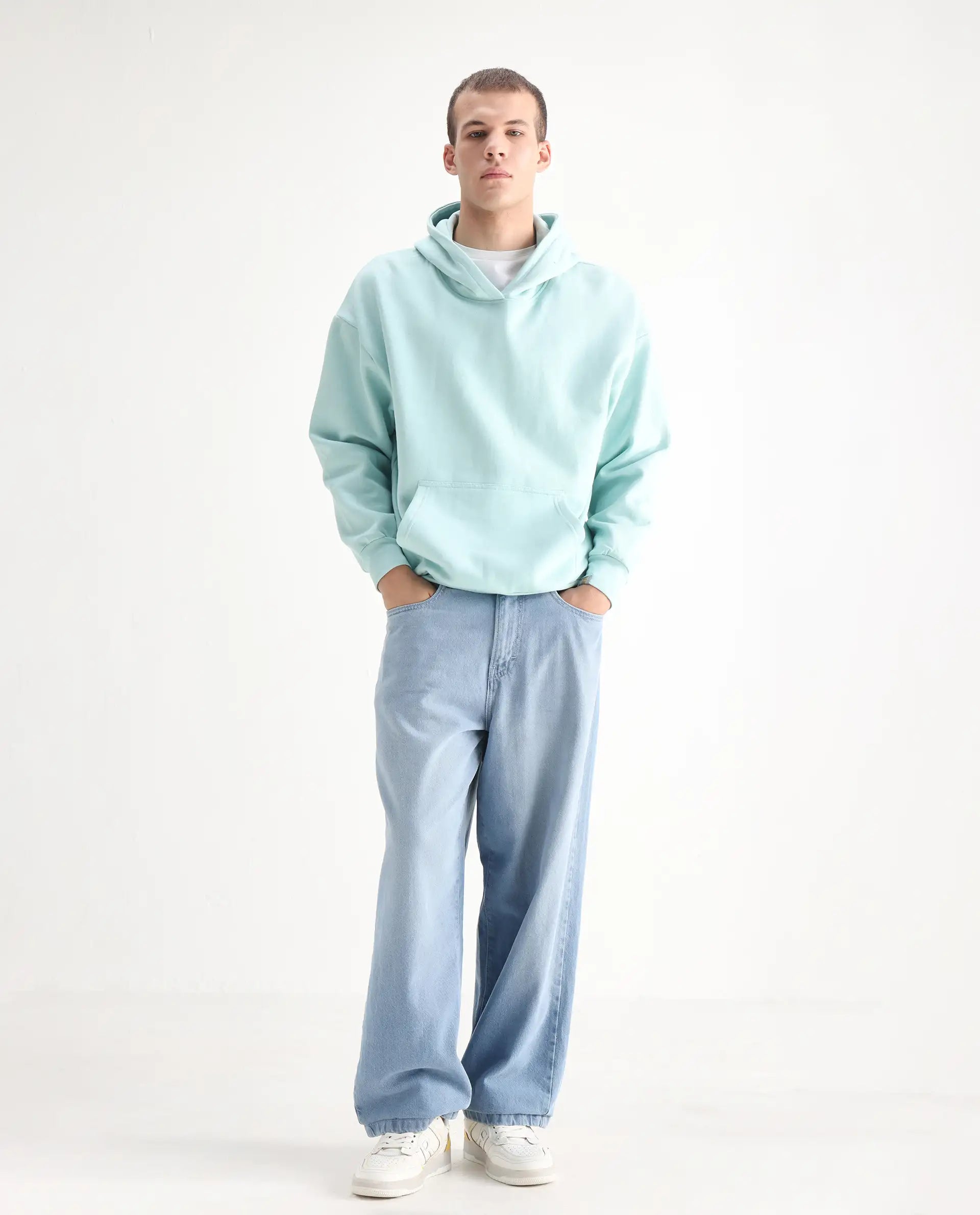 Rare Rabbit Men's Bron Light Blue Cotton Plain Baggy Fit Jeans