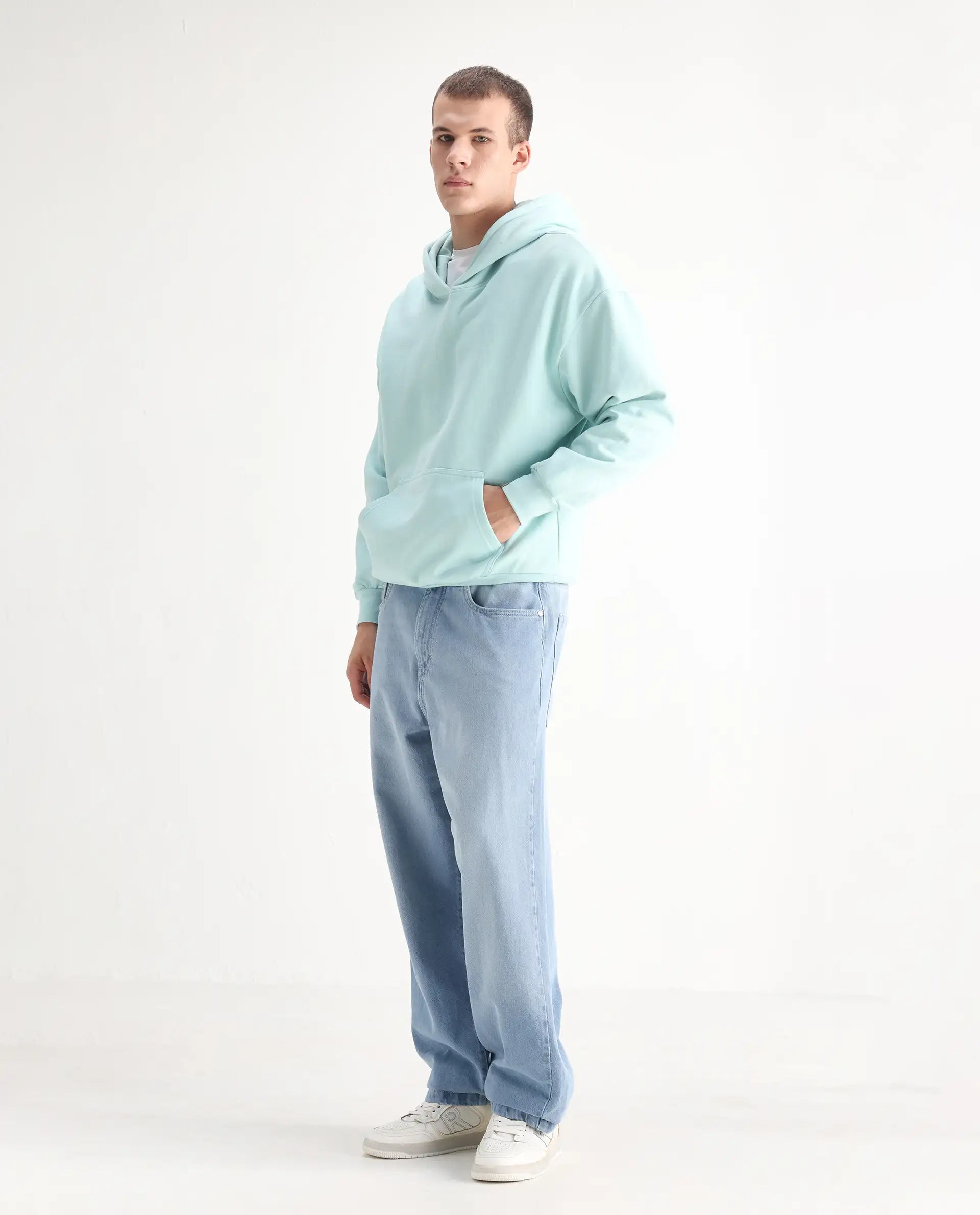 Rare Rabbit Men's Bron Light Blue Cotton Plain Baggy Fit Jeans