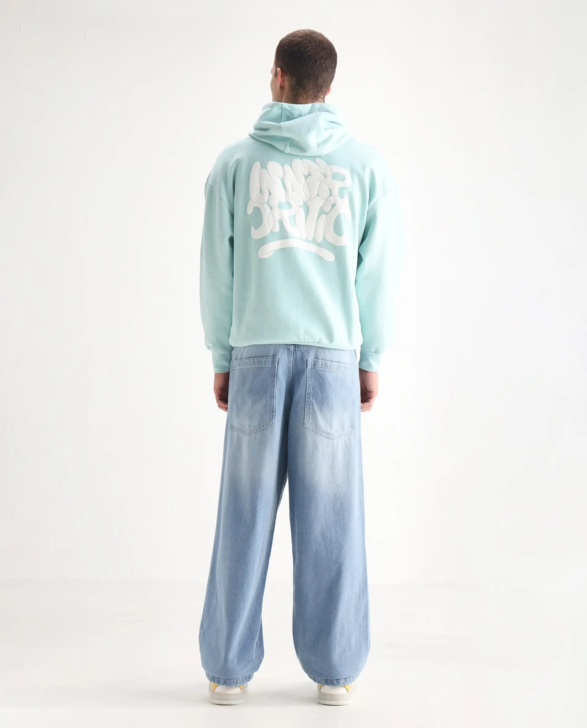 Rare Rabbit Men's Bron Light Blue Cotton Plain Baggy Fit Jeans