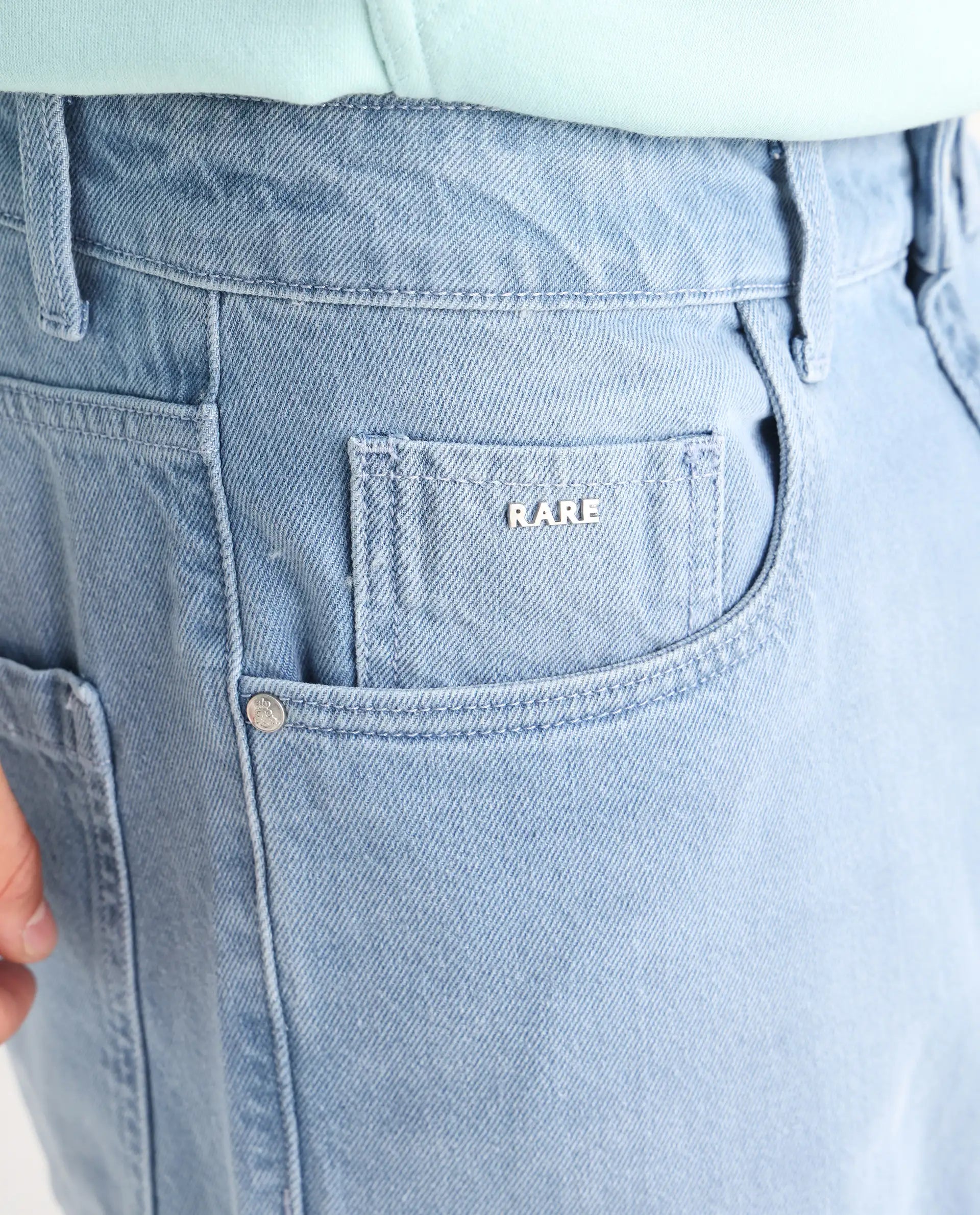 Rare Rabbit Men's Bron Light Blue Cotton Plain Baggy Fit Jeans
