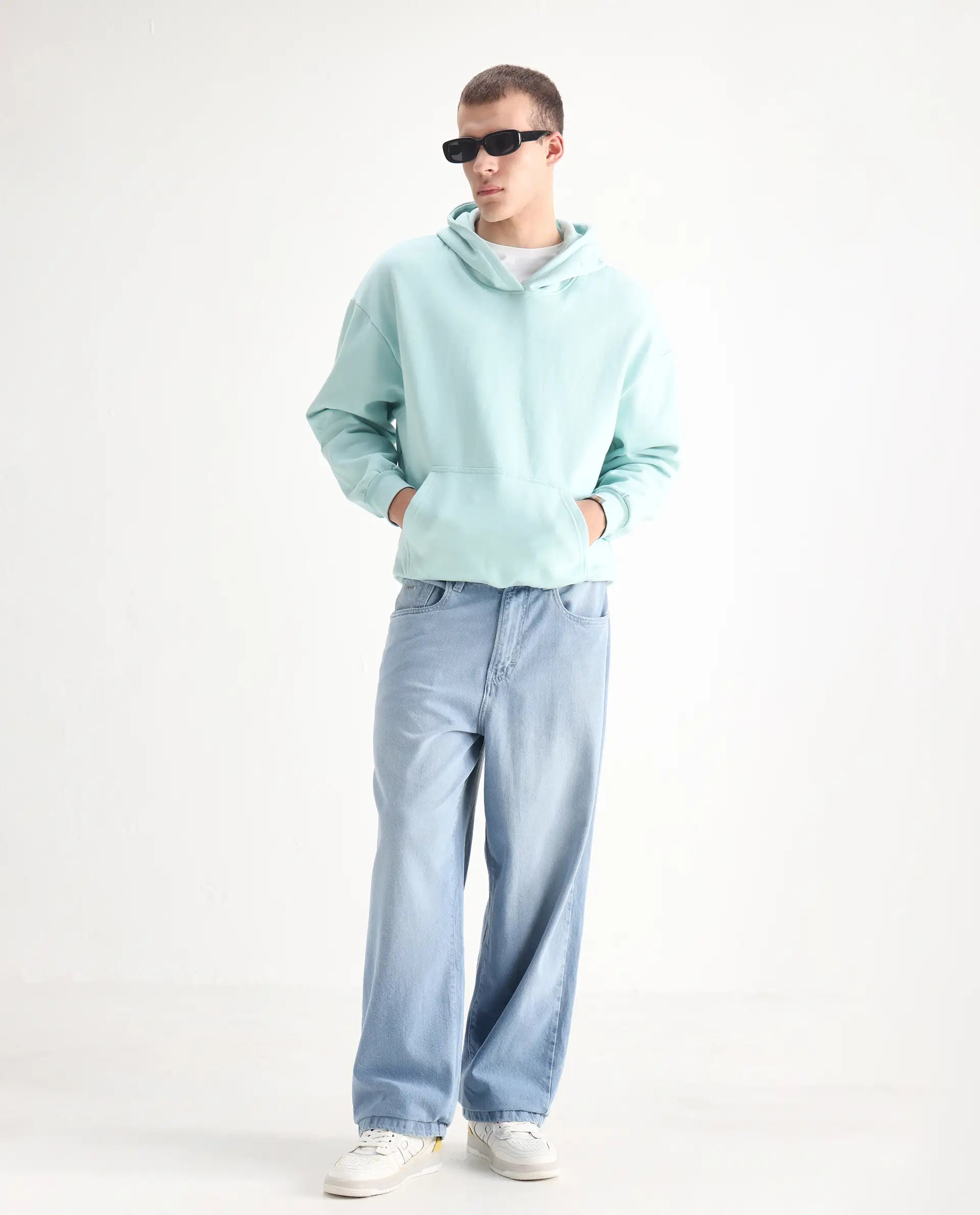 Rare Rabbit Men's Bron Light Blue Cotton Plain Baggy Fit Jeans