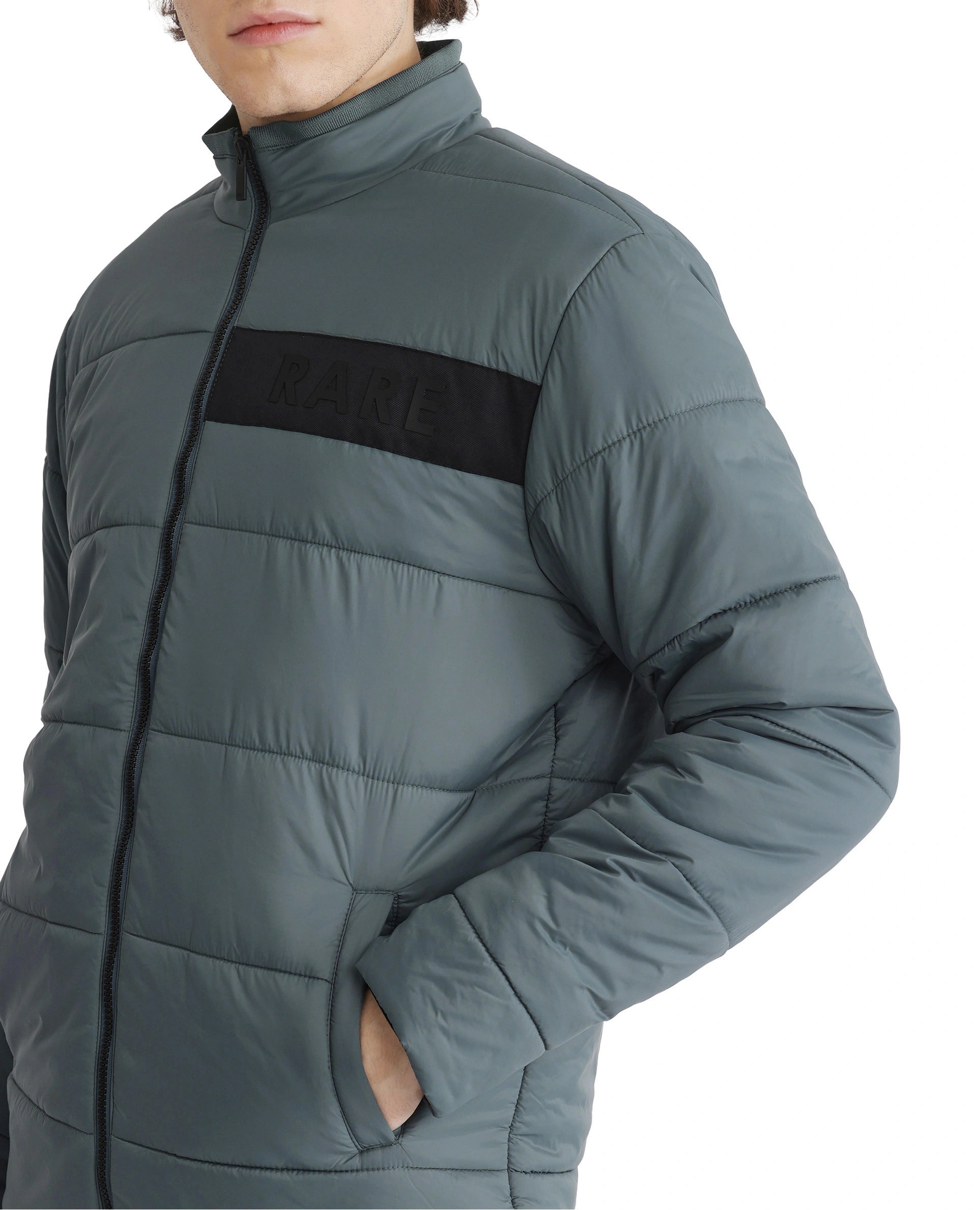 Rare Rabbit Men's Bront Dusky Nylon Fabric Full Sleeve High Neck Collar Zipper Closure Regular Fit HD Print Branding Jacket