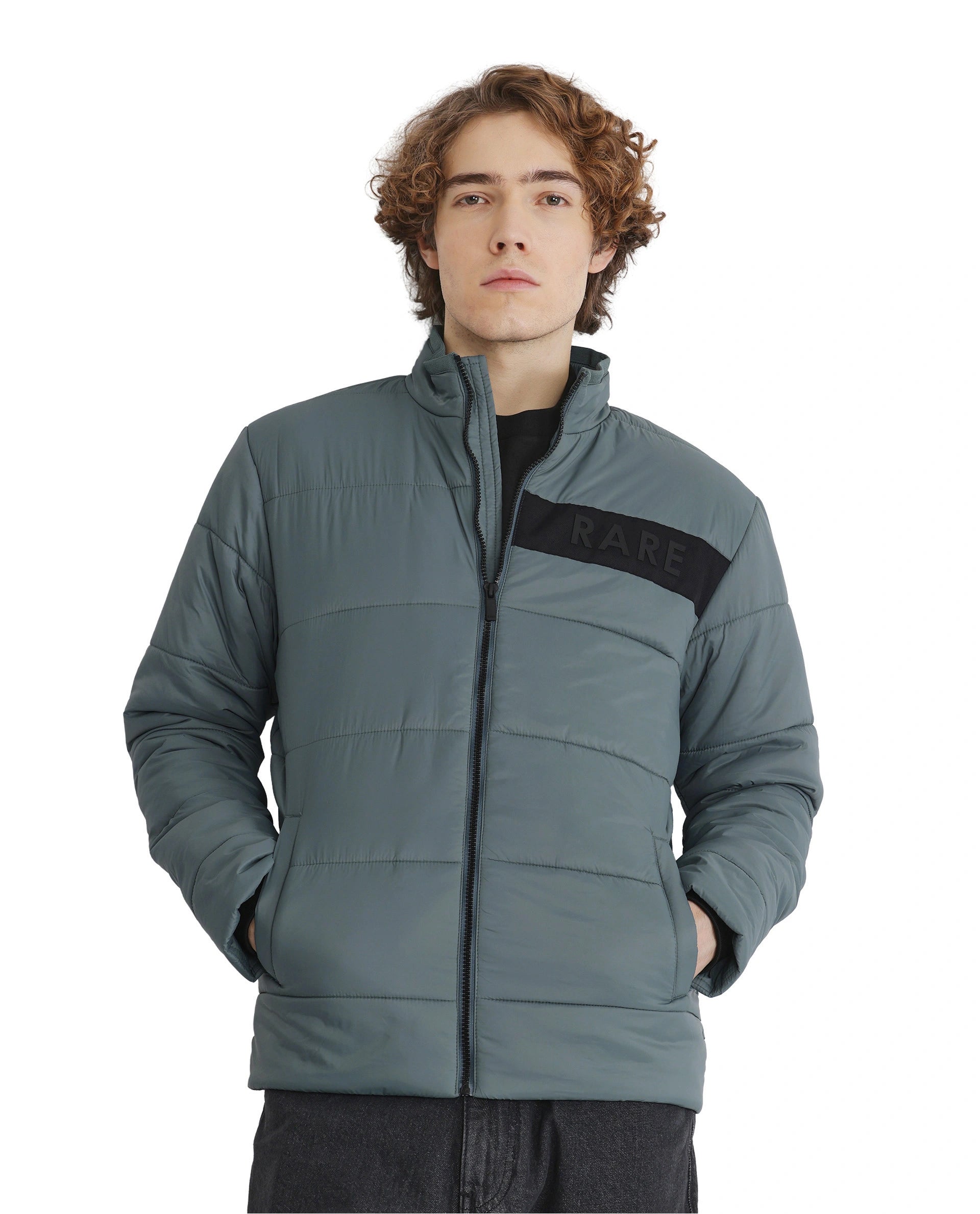 Rare Rabbit Men's Bront Dusky Nylon Fabric Full Sleeve High Neck Collar Zipper Closure Regular Fit HD Print Branding Jacket