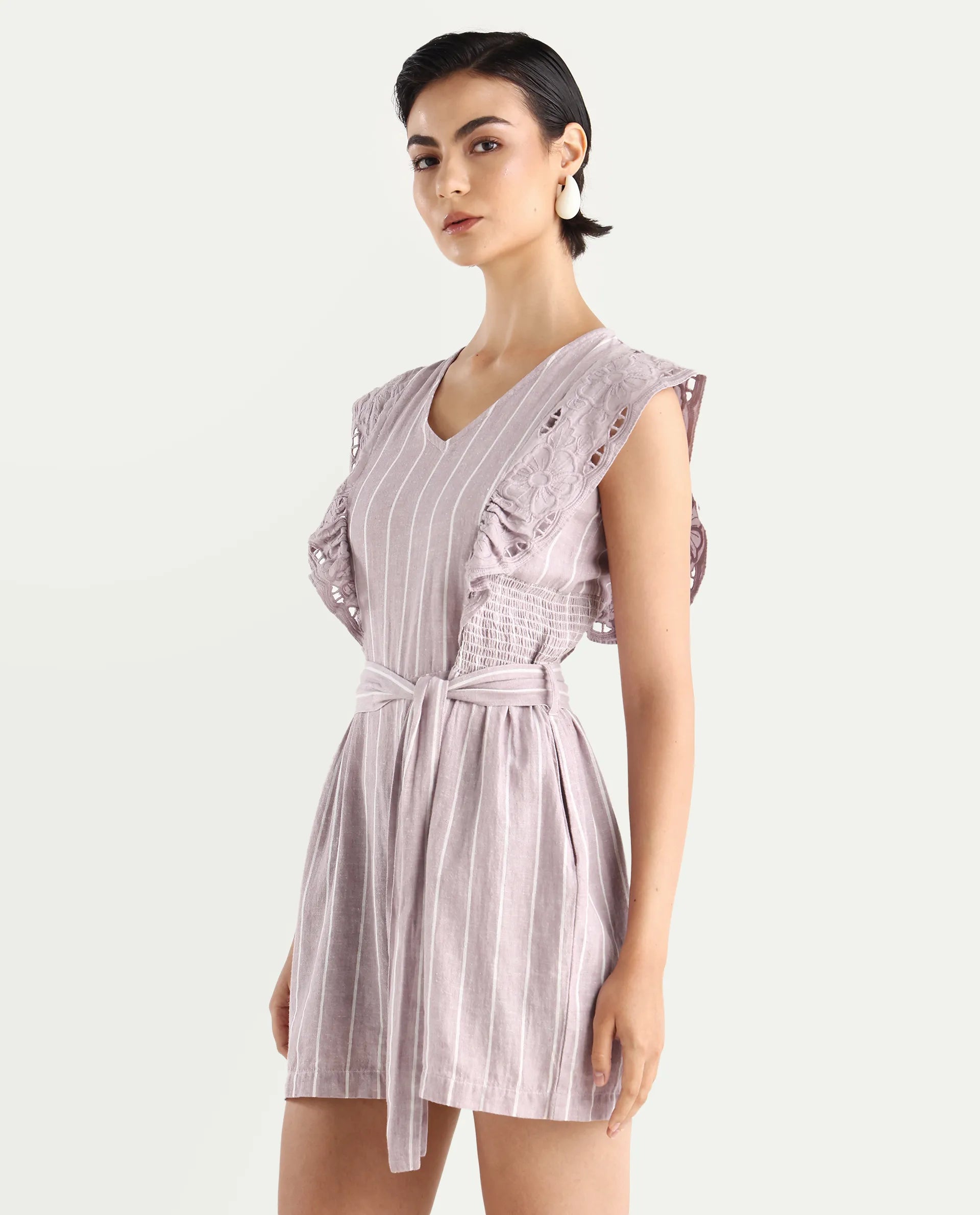 Rareism Women's Bronte Purple Linen V-Neck Striped Sleeveless Regular Fit Playsuit