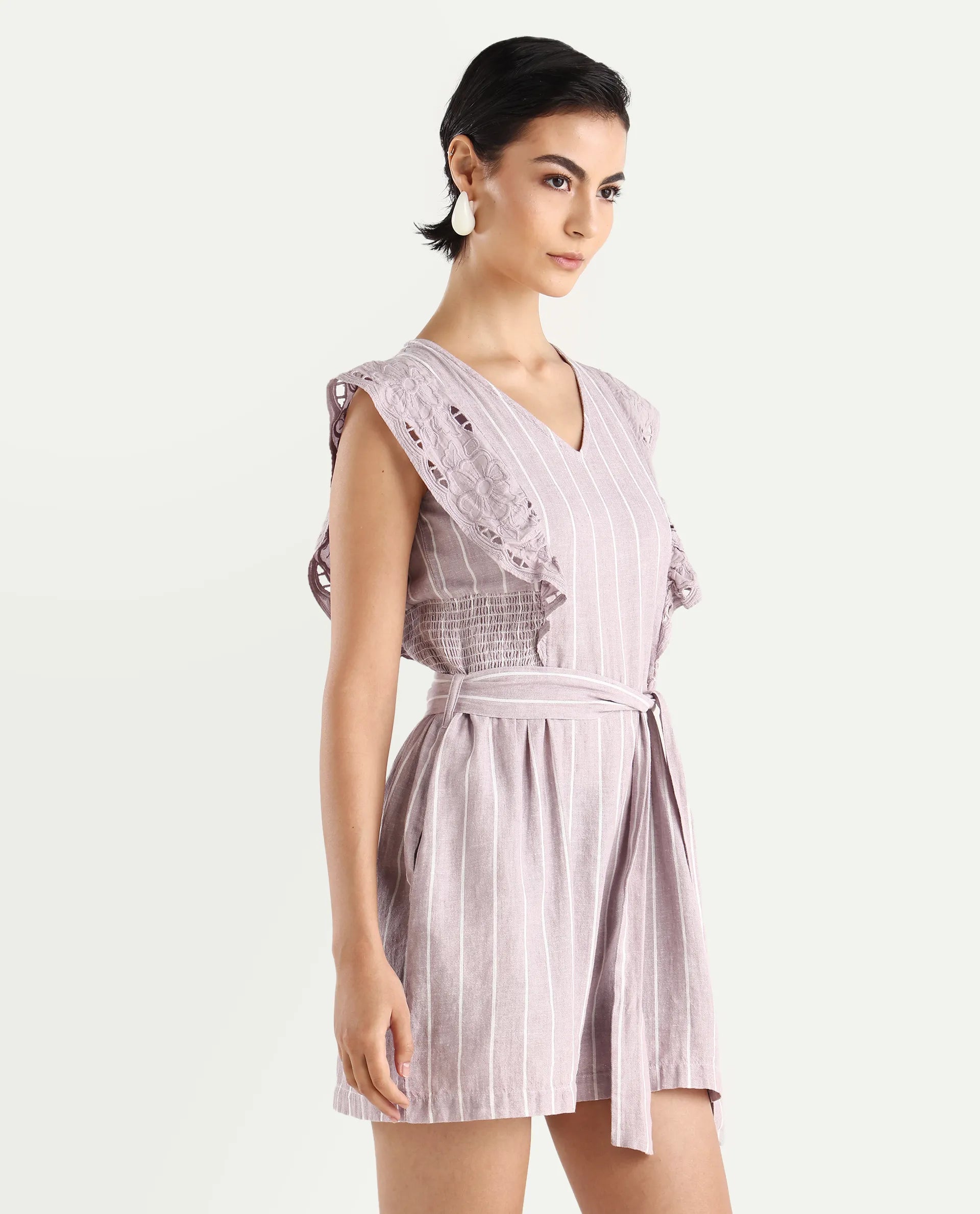Rareism Women's Bronte Purple Linen V-Neck Striped Sleeveless Regular Fit Playsuit