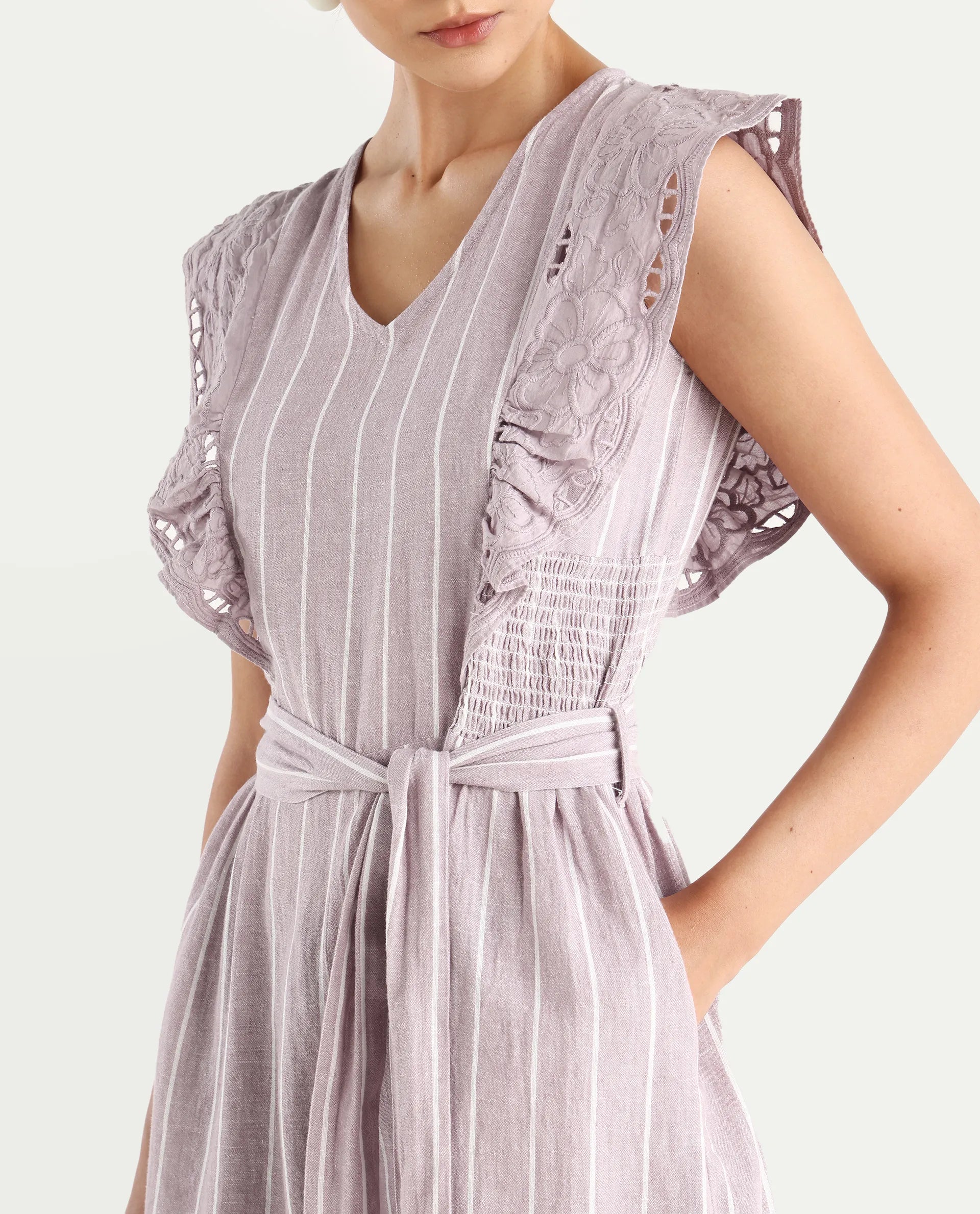 Rareism Women's Bronte Purple Linen V-Neck Striped Sleeveless Regular Fit Playsuit