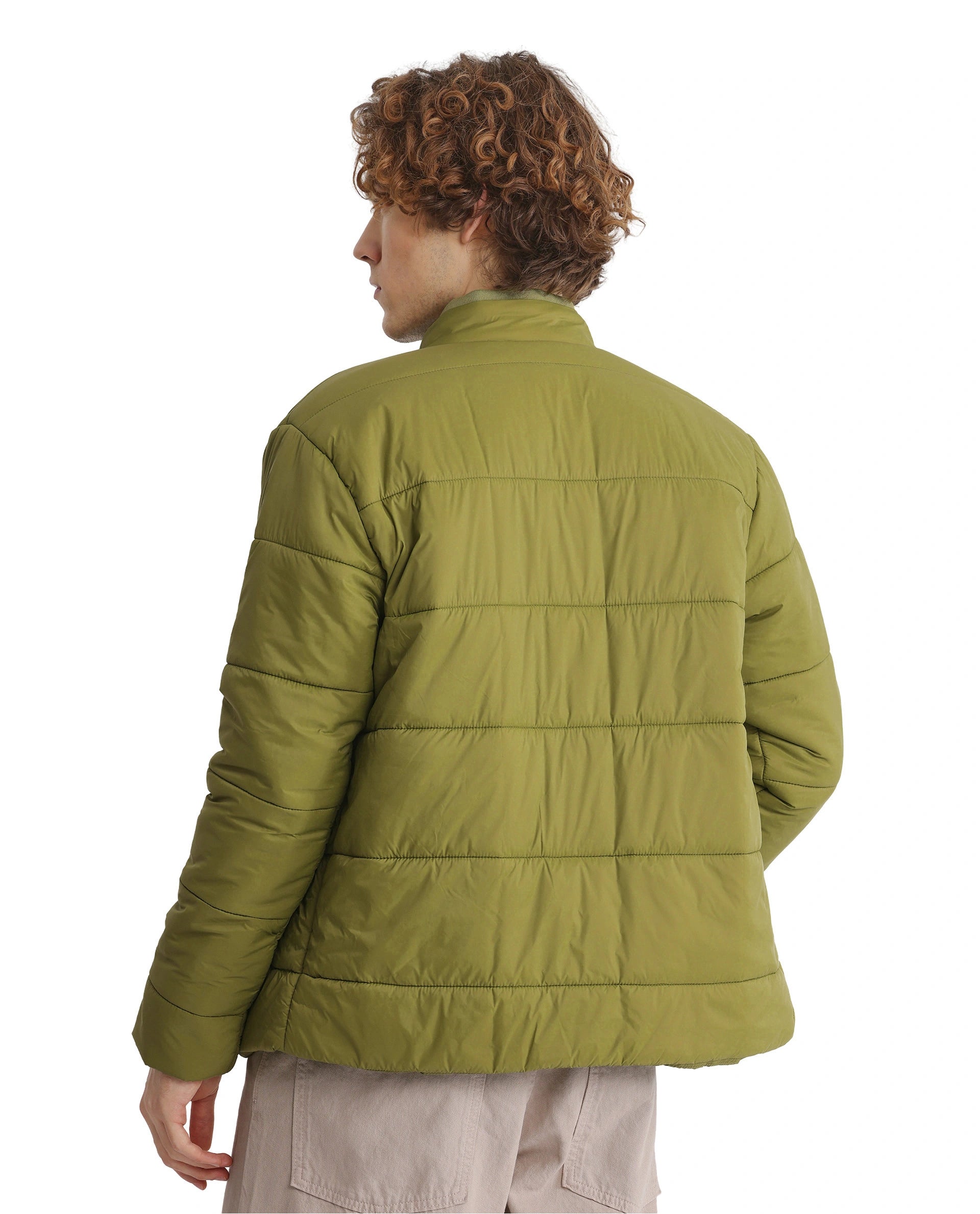 Rare Rabbit Men's Bront Flouroscent Green Nylon Fabric Full Sleeve Curved Collar Regular Fit Plain Jacket